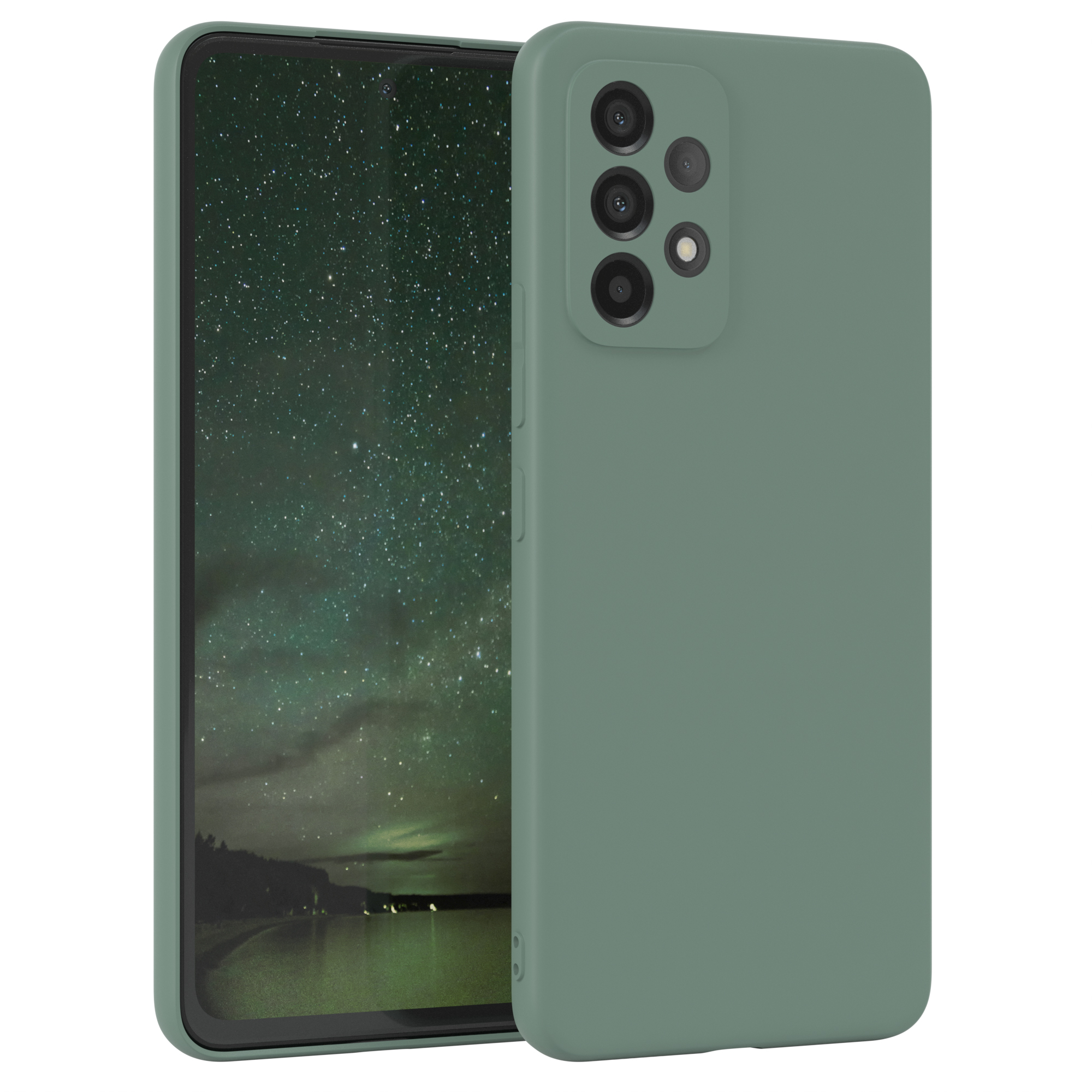 Salbeigrünes Handycase mit einem Handy, das einen Sternenhimmel zeigt.