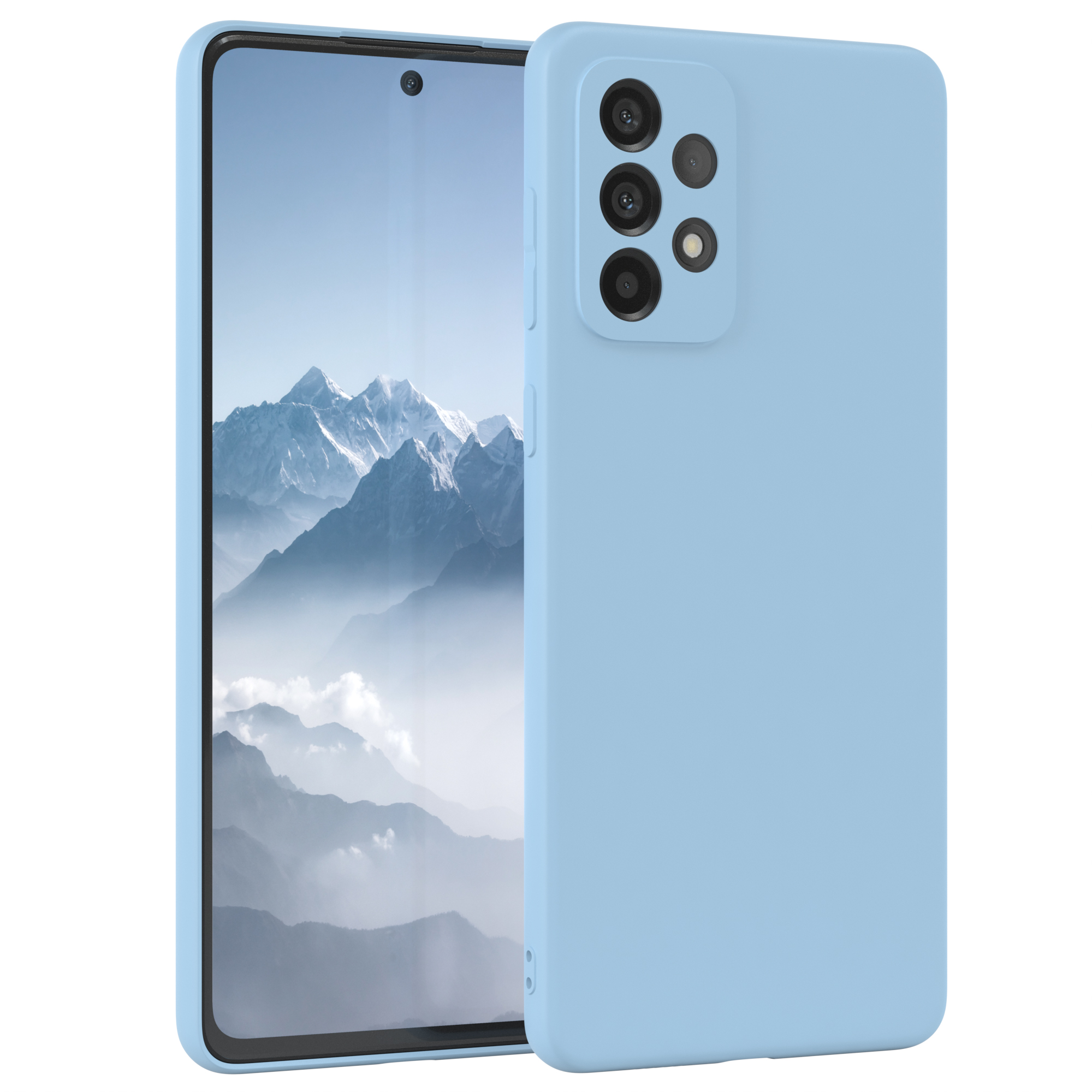 Ein blaues Telefon mit Hülle. Das Telefon hat einen Bildschirm, die Hülle bedeckt die Rückseite.
