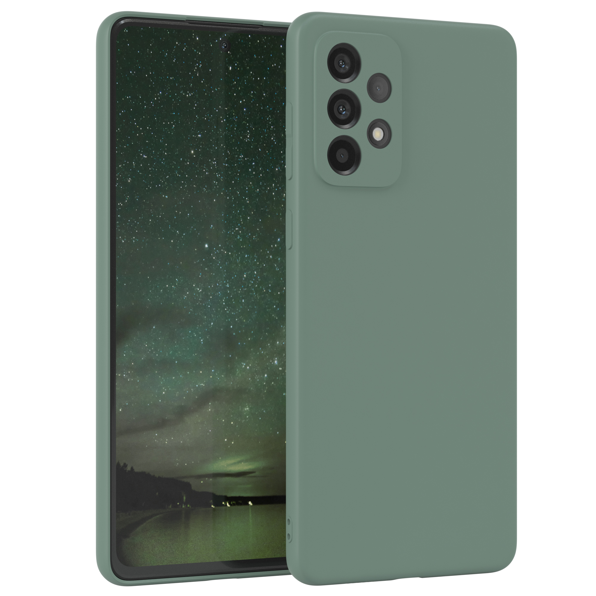 Eine grüne Handyhülle, die ein Telefon mit mehreren Rückkameras bedeckt. Die Hülle befindet sich auf weißem Hintergrund.