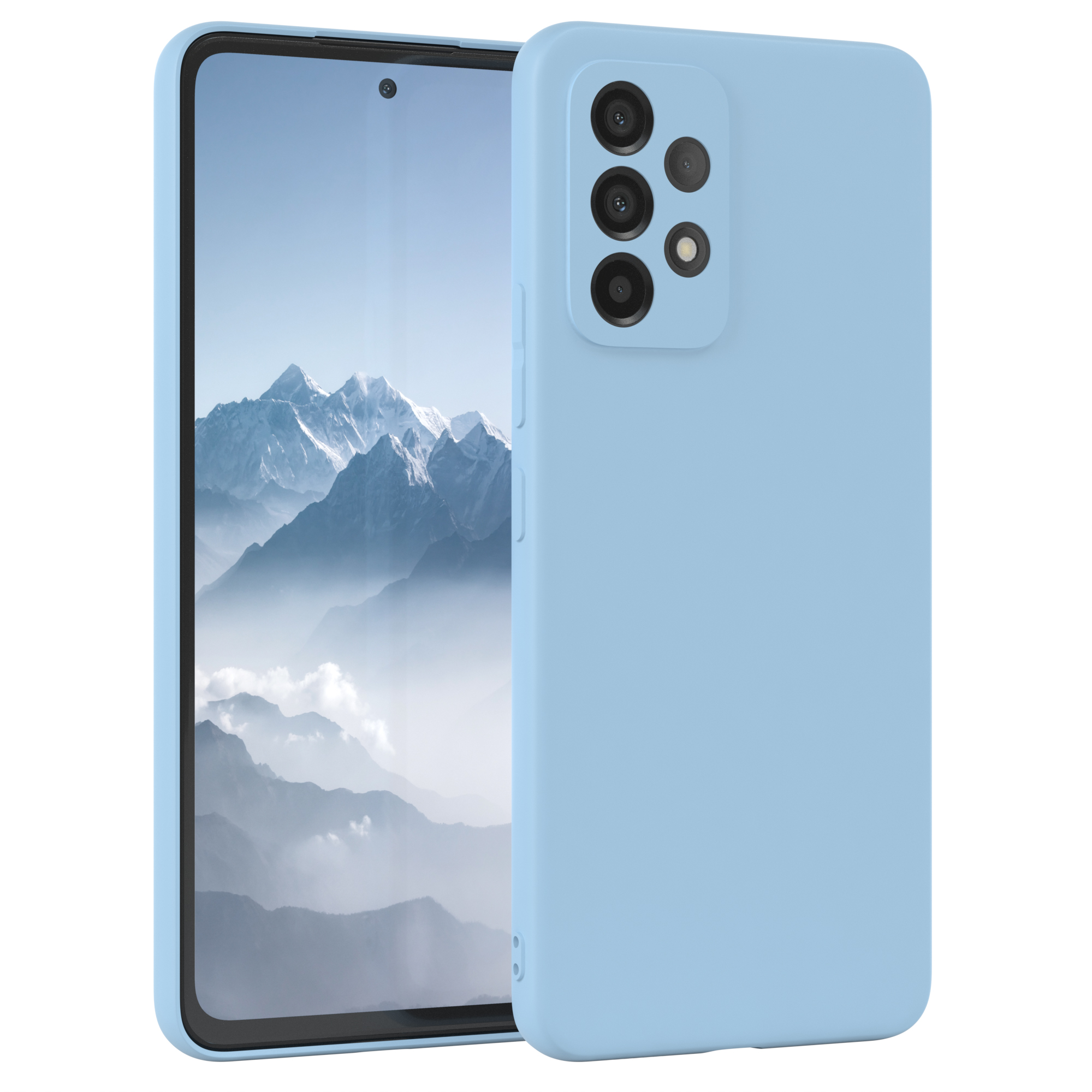 Blaue Handyhülle mit einem Telefon darin, das eine Landschaft zeigt.
