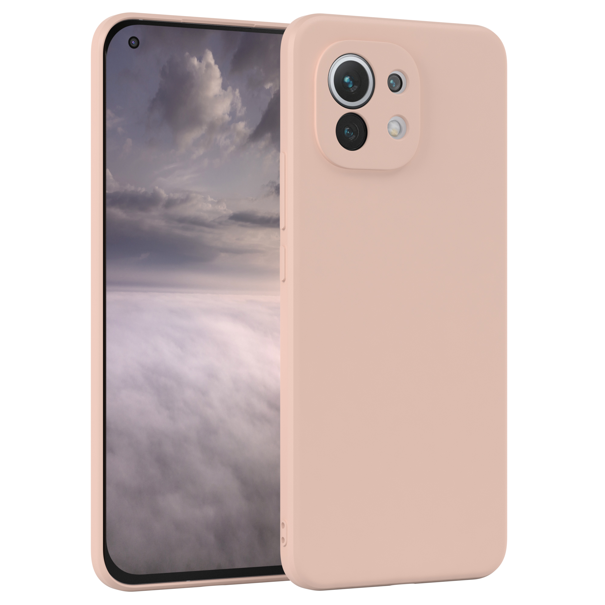 Telefon mit rosa Hülle, zwei Kameras. Wolkenhimmel auf dem Bildschirm.