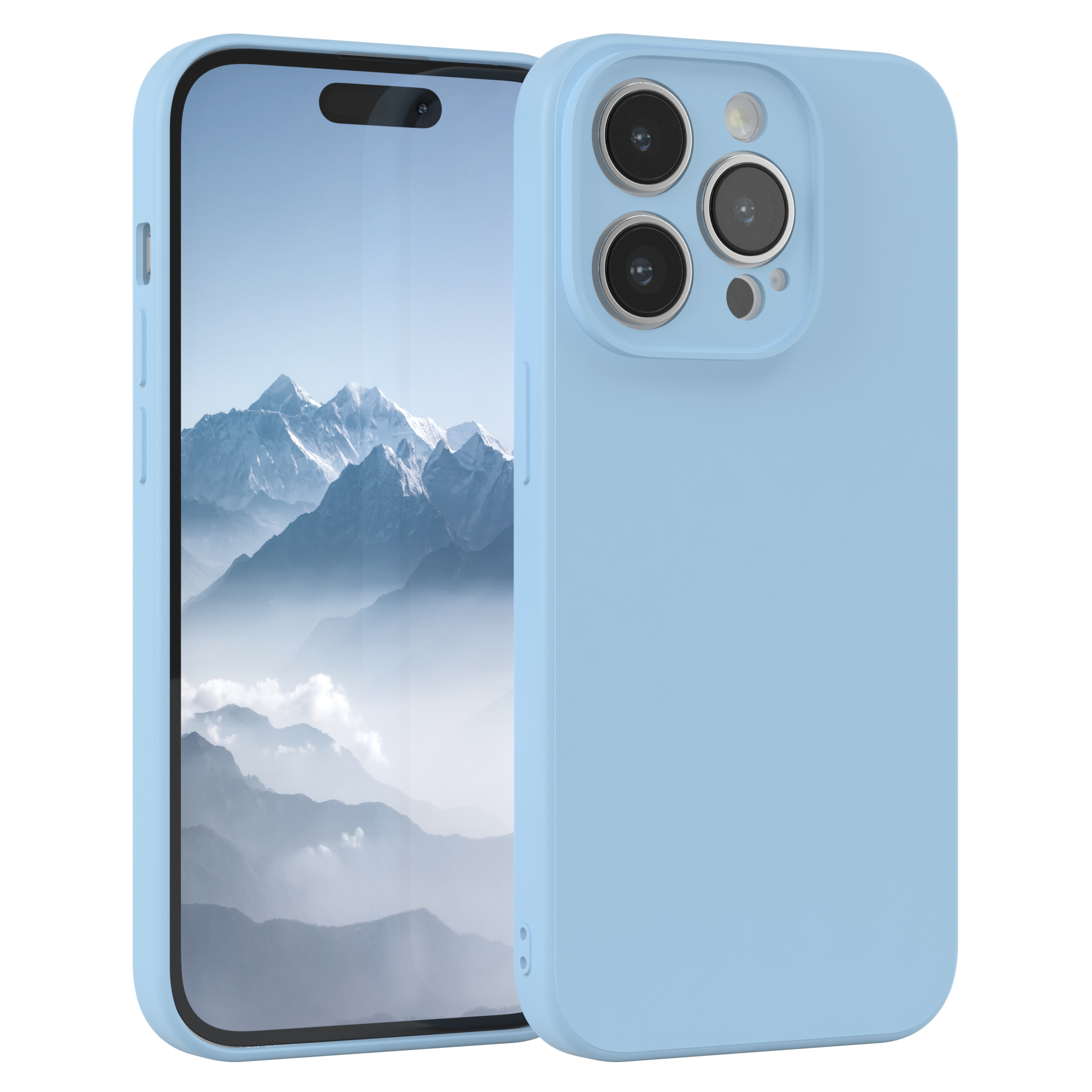 Eine hellblaue Handyhülle mit einem Telefon darin. Das Telefon hat mehrere Rückkameras und einen Kameraausschnitt.
