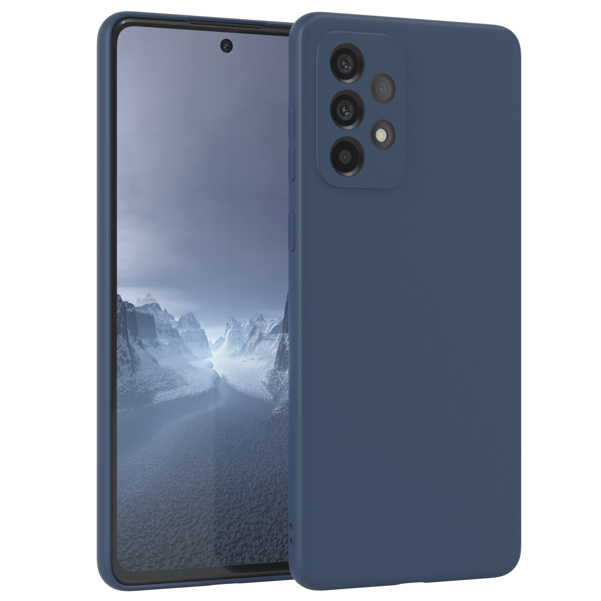 Blaues Telefon und Handyhülle auf weißem Hintergrund. Das Telefon ist in der Hülle und ist blau.
