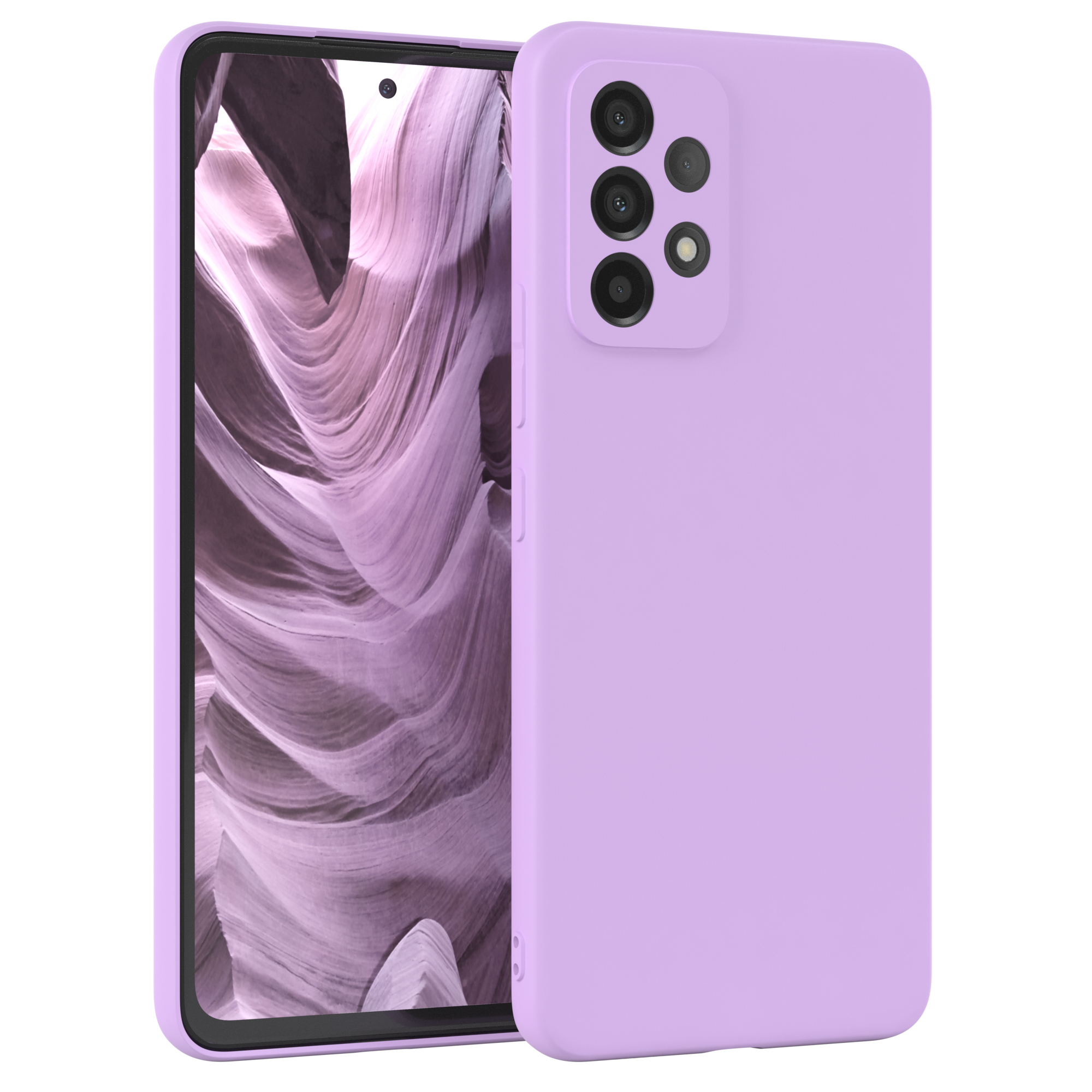 Eine lila Handyhülle und ein Telefon. Das Telefon hat mehrere Kameras.