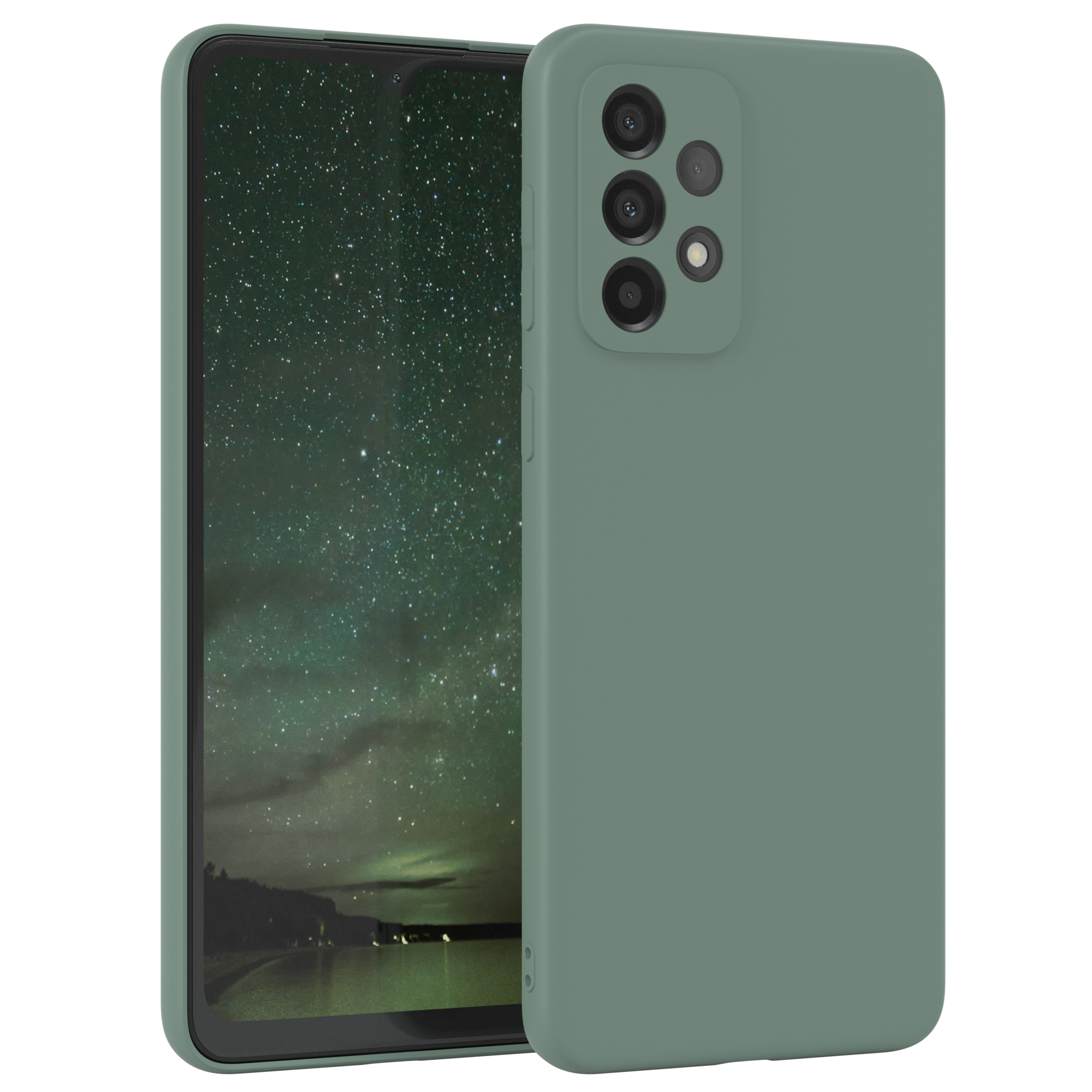 Grüne Handyhülle mit Telefon. Telefon hat Kamera auf der Rückseite, vor weißem HG.