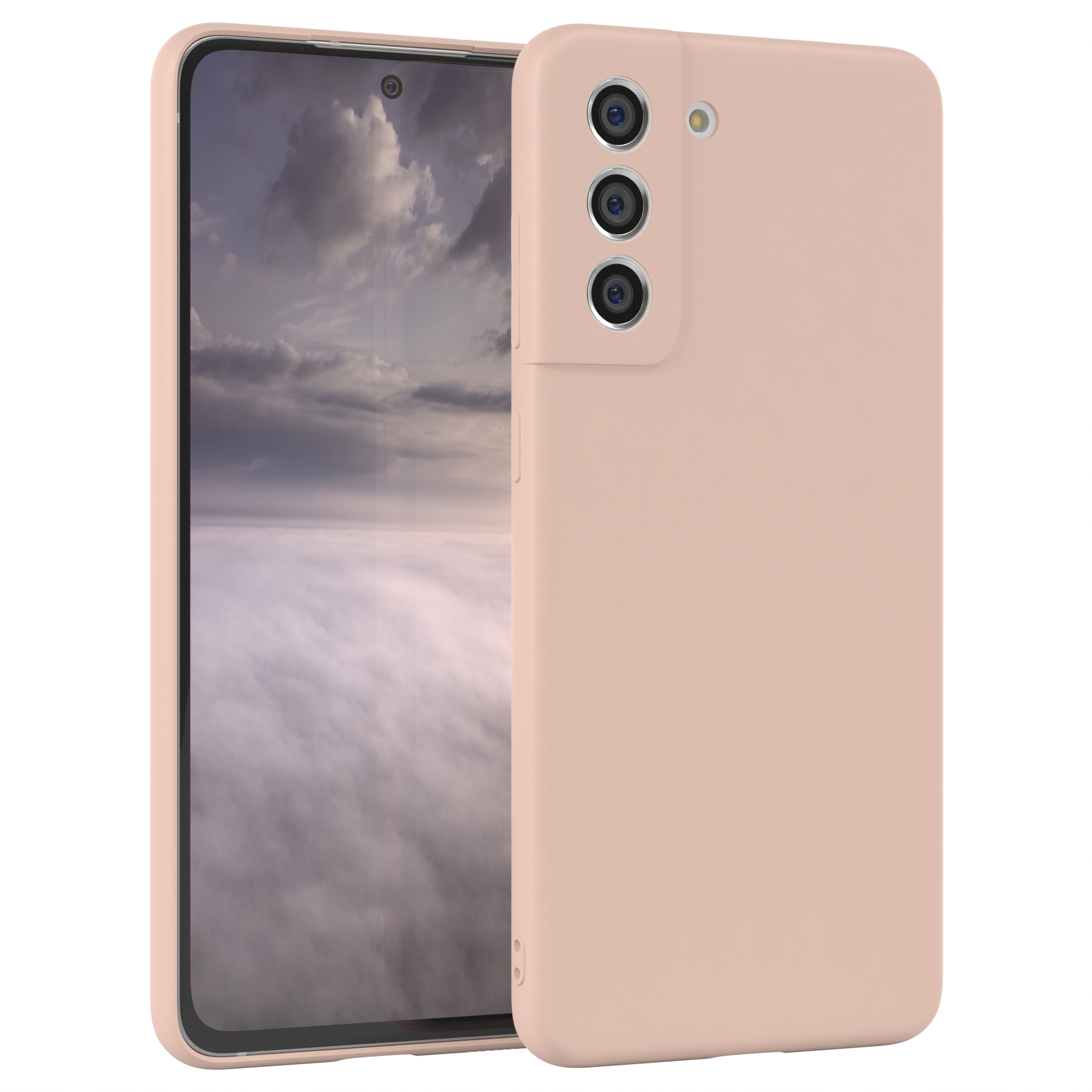 Eine hellrosa Handyhülle bedeckt ein Smartphone, im Hintergrund ein wolkiger Himmel.