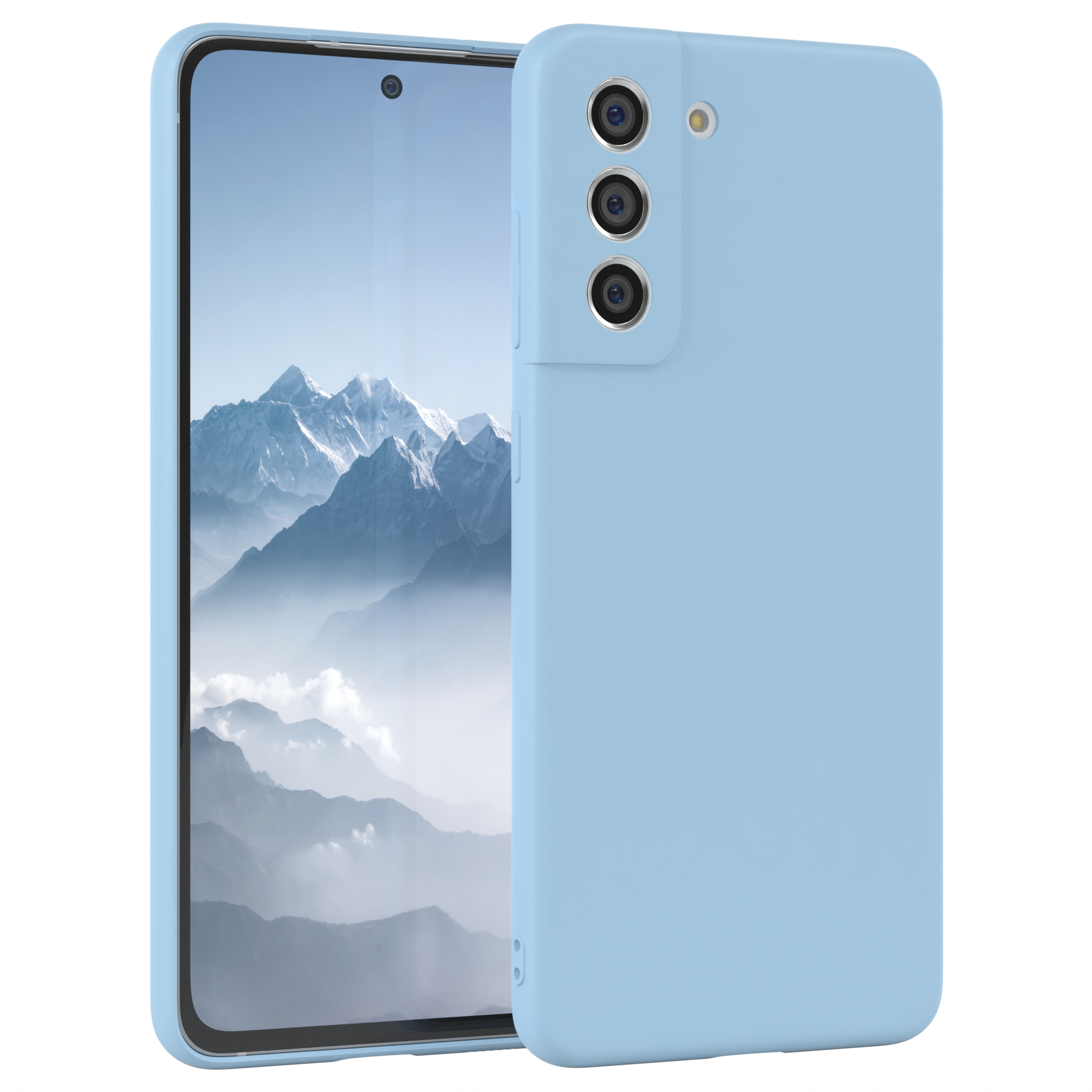 Ein hellblaues Telefon mit Hülle. Das Telefon hat einen Bildschirm, die Hülle bedeckt die Rückseite.