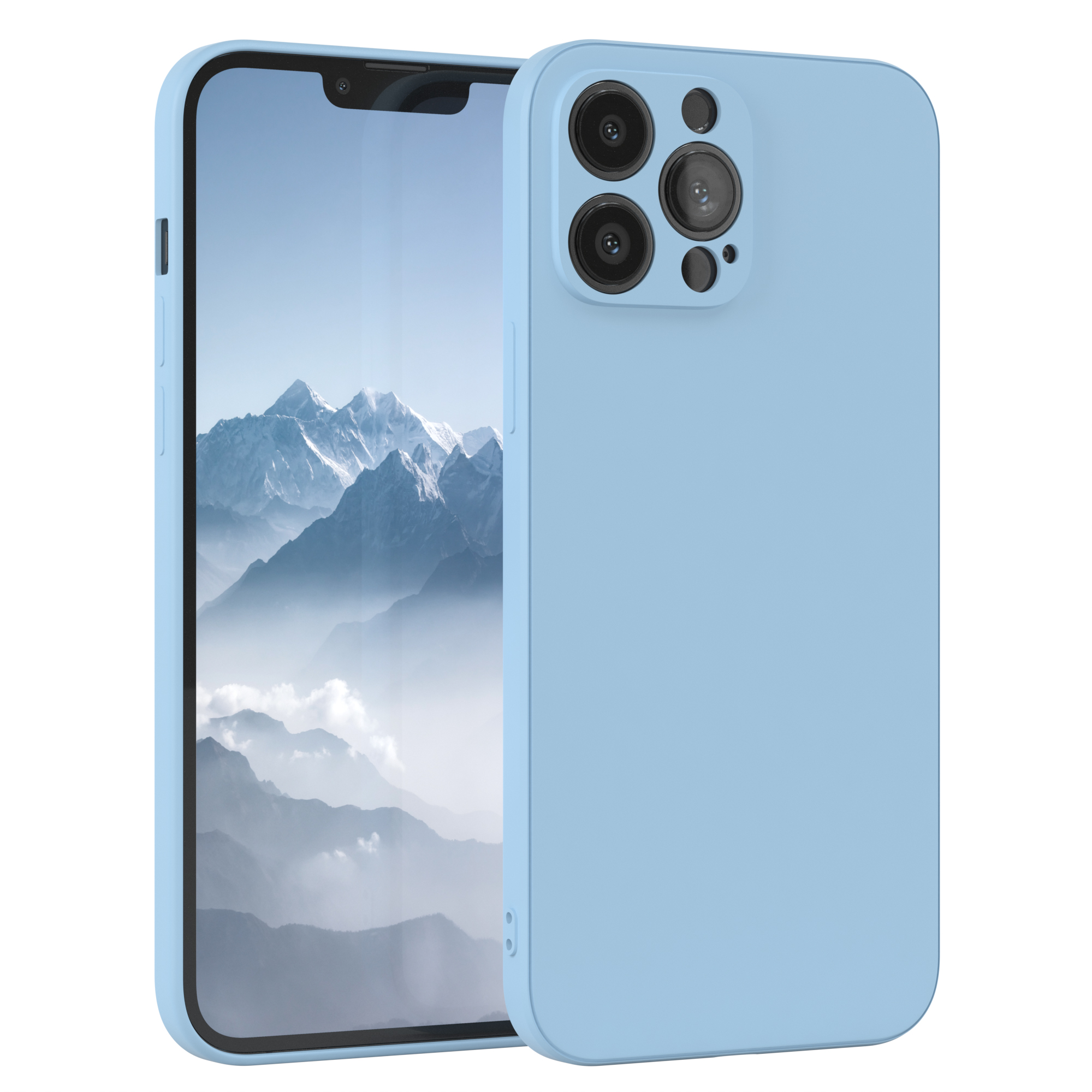 Ein hellblaues Telefon mit schwarzem Bildschirm und drei Kameras auf weißem Hintergrund.
