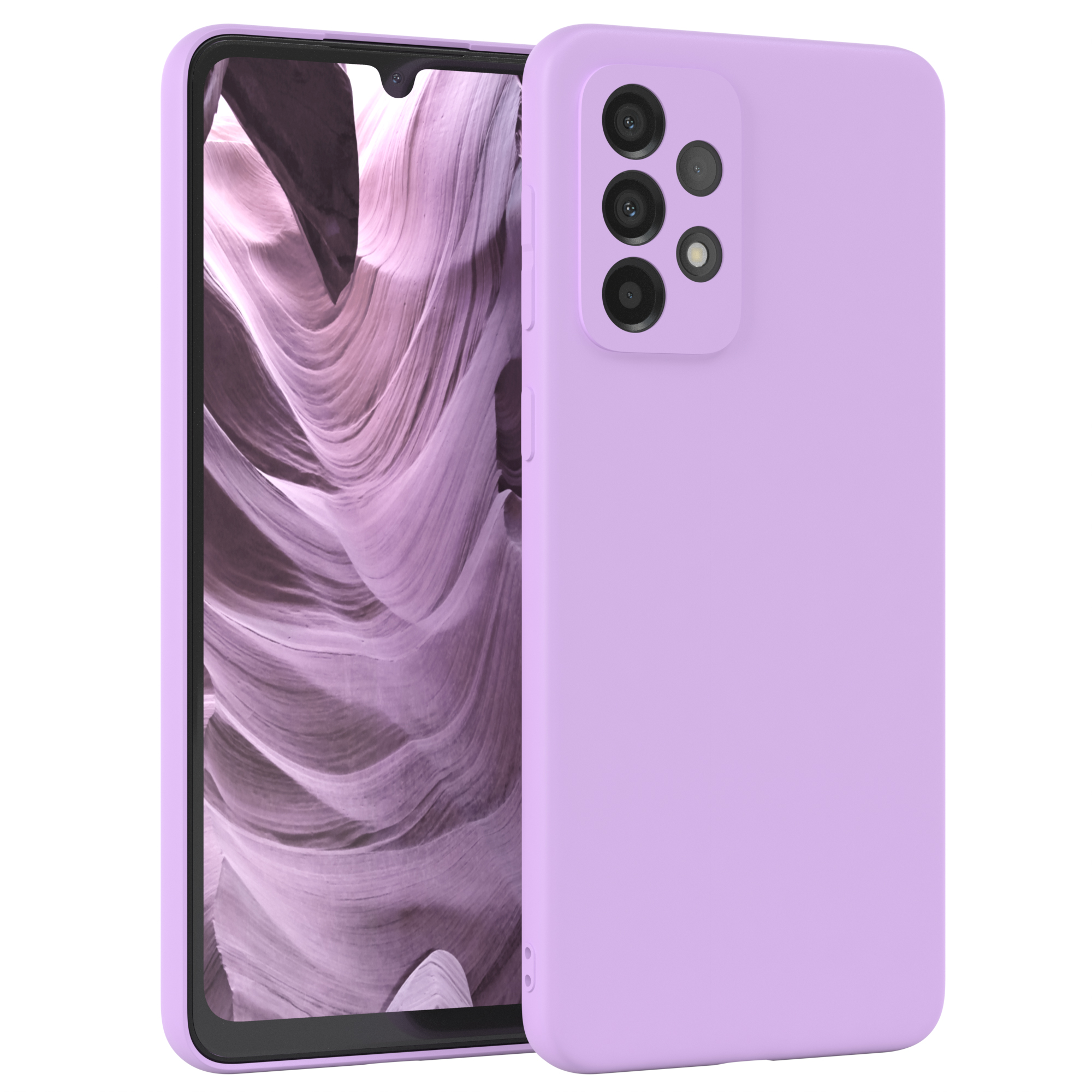 Ein lila Telefon mit passendem Case, mit Kameramodul und Canyon-Hintergrund.