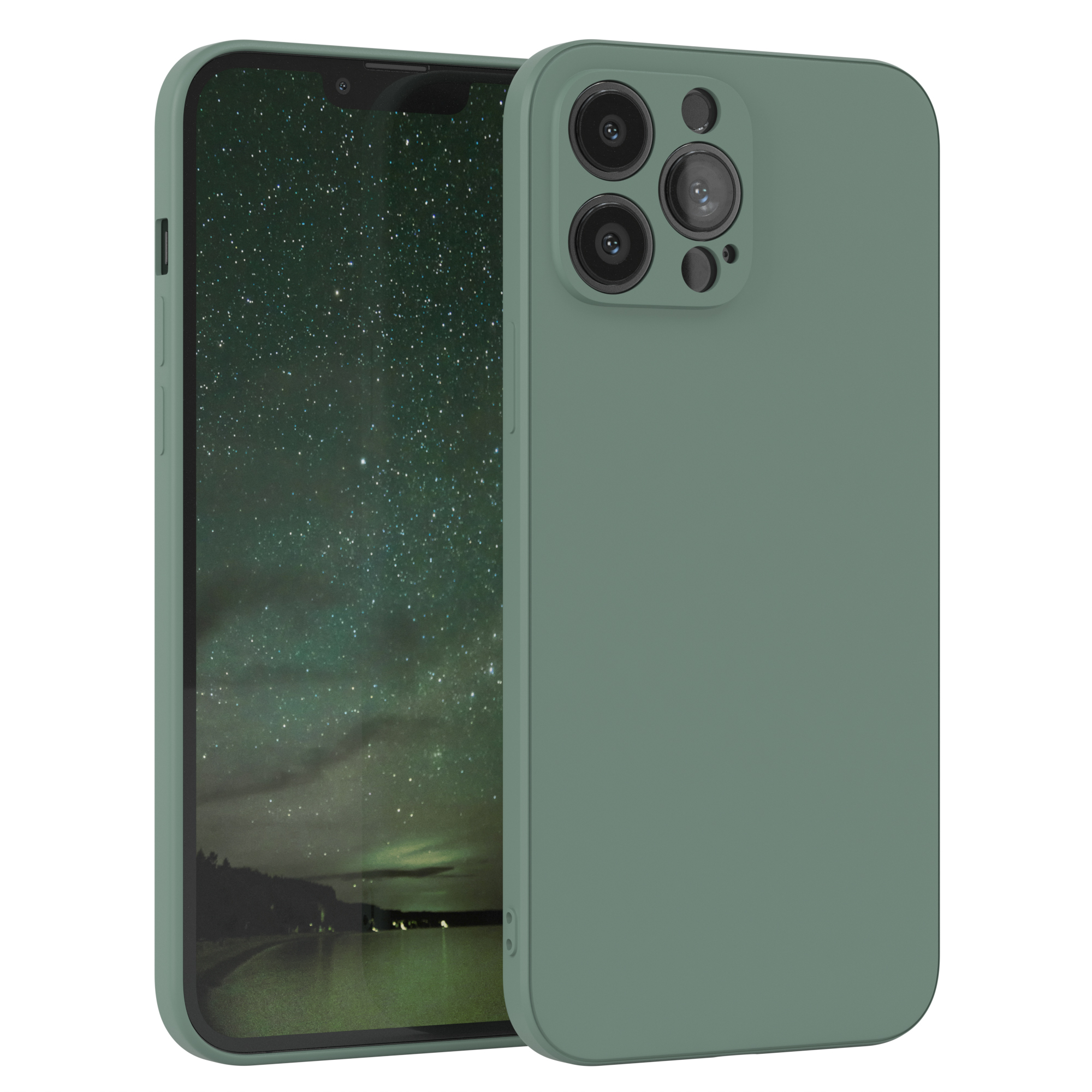 Eine grüne Handyhülle mit einem Handy darin, das eine Sternennacht zeigt.