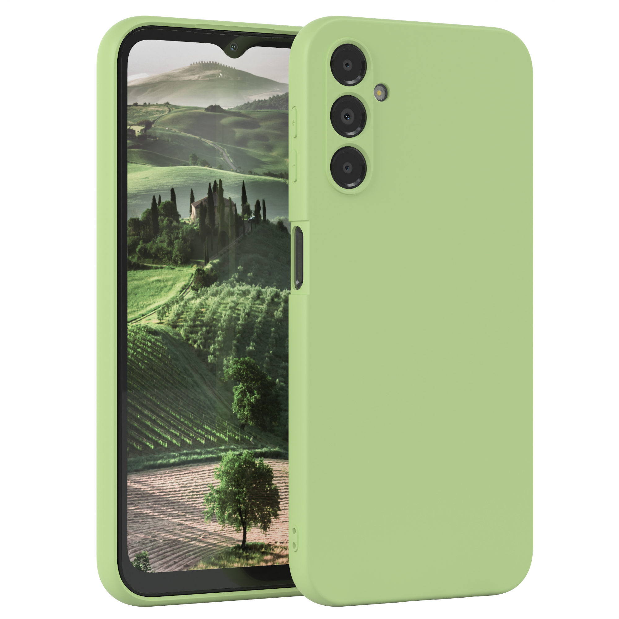 Hellgrüne Handyhülle mit Telefon, das eine toskanische Landschaft zeigt.