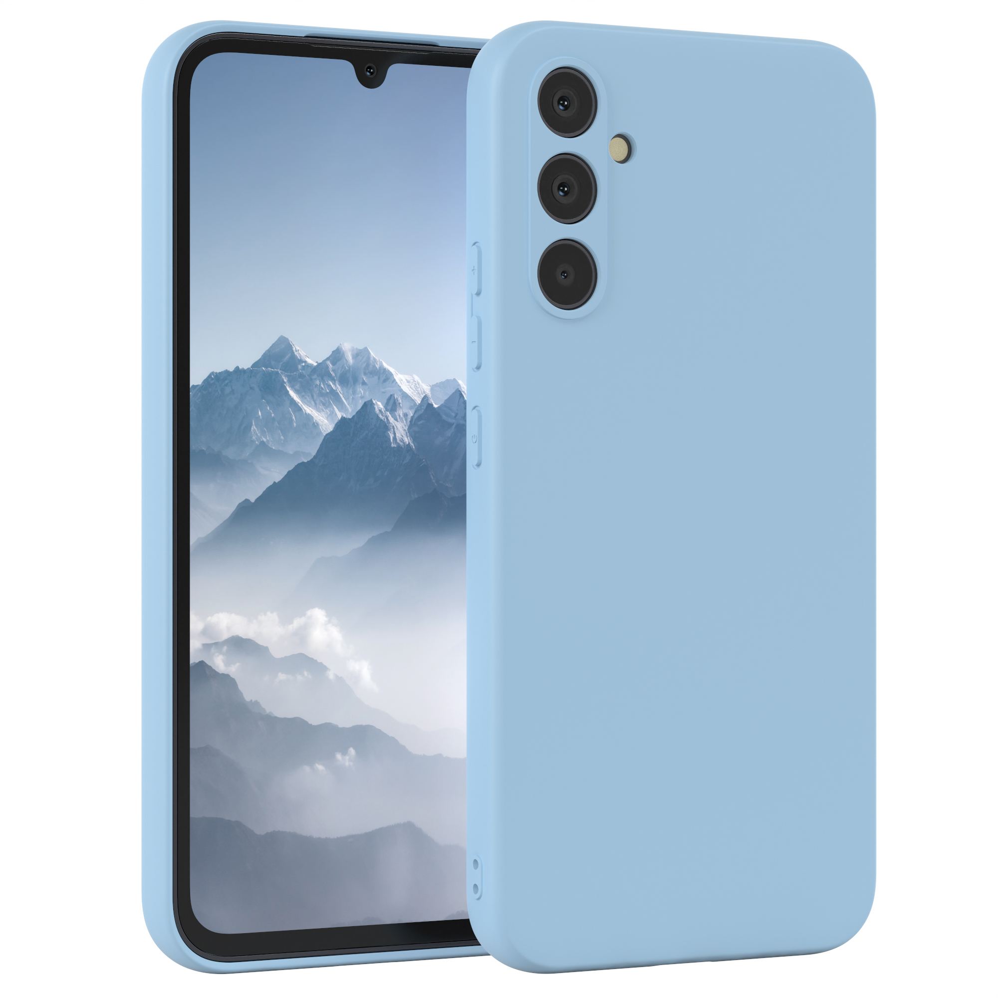 Hellblaue Handyhülle mit Handy, auf weißem Hintergrund.