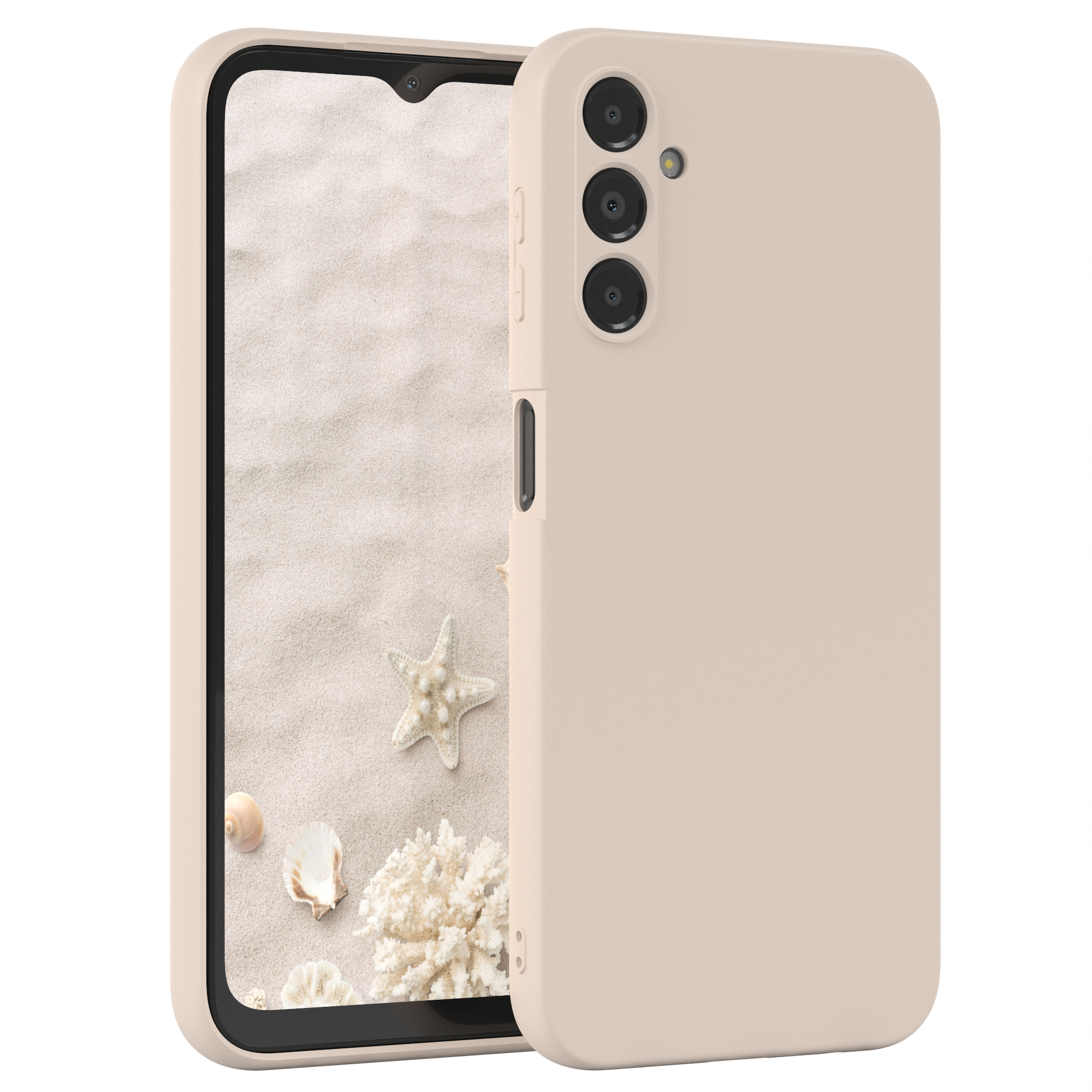 Eine hellrosa Handyhülle mit einem Telefon darin. Das Telefon hat einen Strandhintergrund.