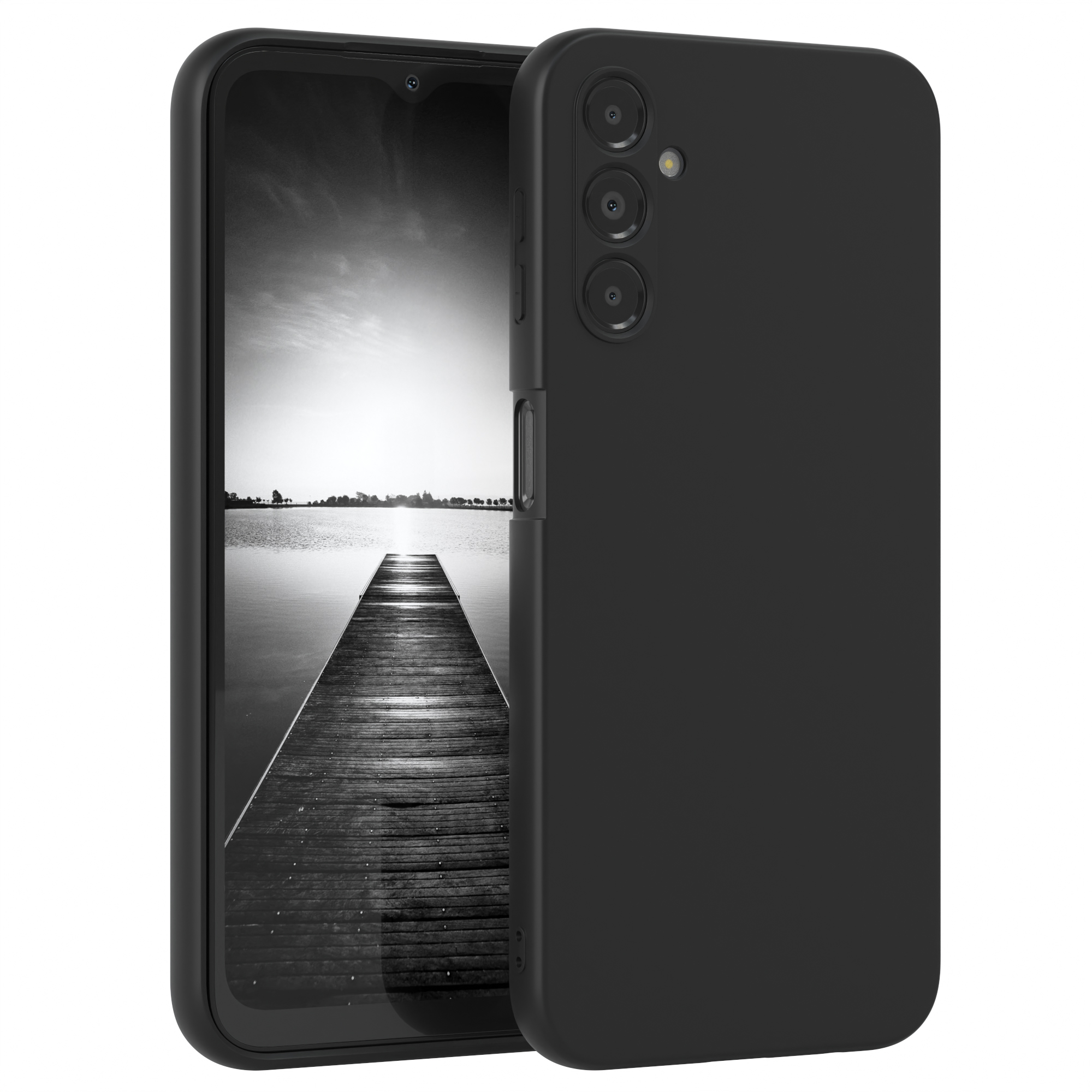 Schwarze Handyhülle mit einem Telefon darin, das eine Seeszene zeigt. Der Hintergrund ist weiß.
