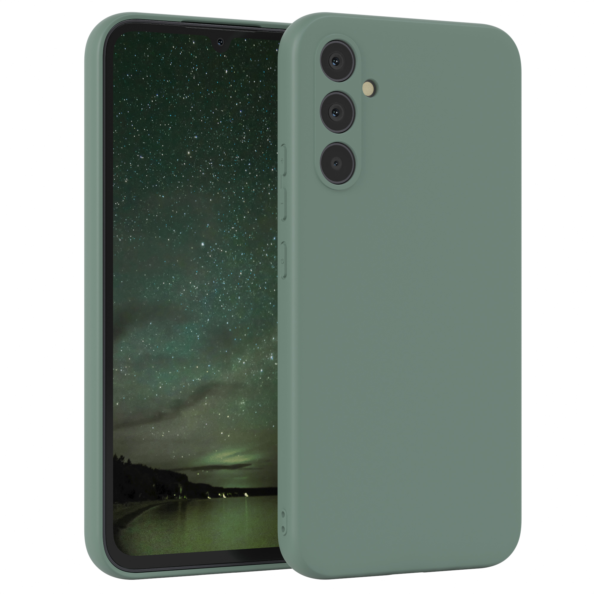 Grüne Handyhülle, in schräger Ansicht dargestellt, mit schwarzem Rand und dem Telefon darin.