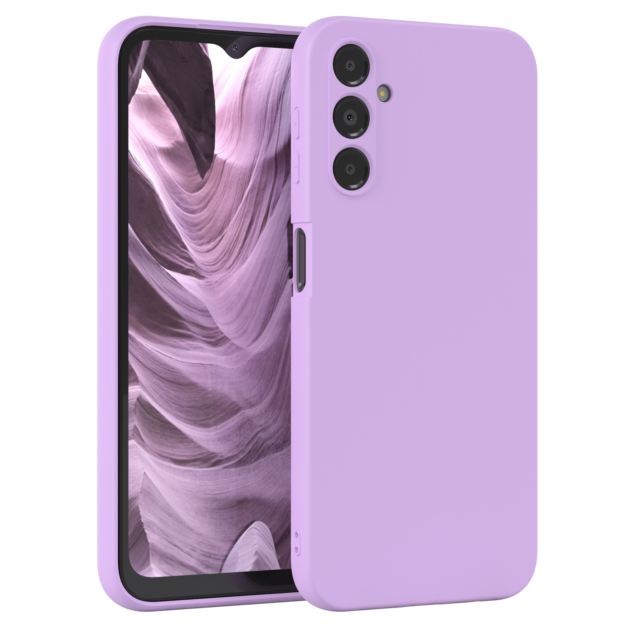Ein lila Telefon mit Hülle, das den Bildschirm eines Telefons zeigt. Die Hülle bedeckt die Rückseite des Telefons.
