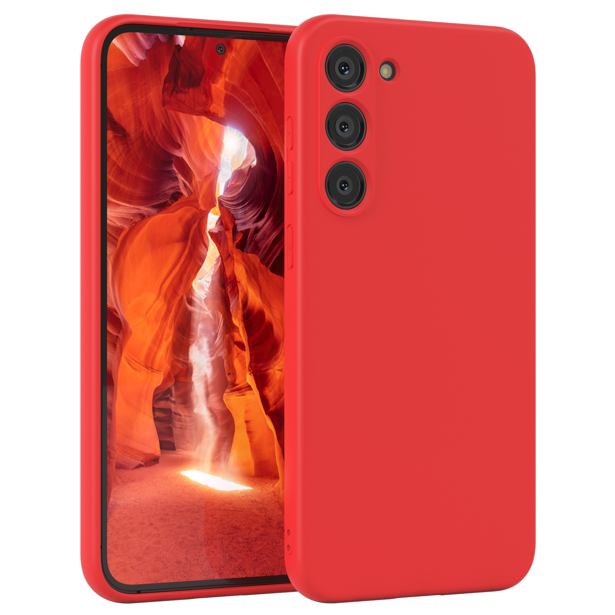 Rote Handyhülle mit Handy. Canyon-Ansicht. Drei Kameralinsen.