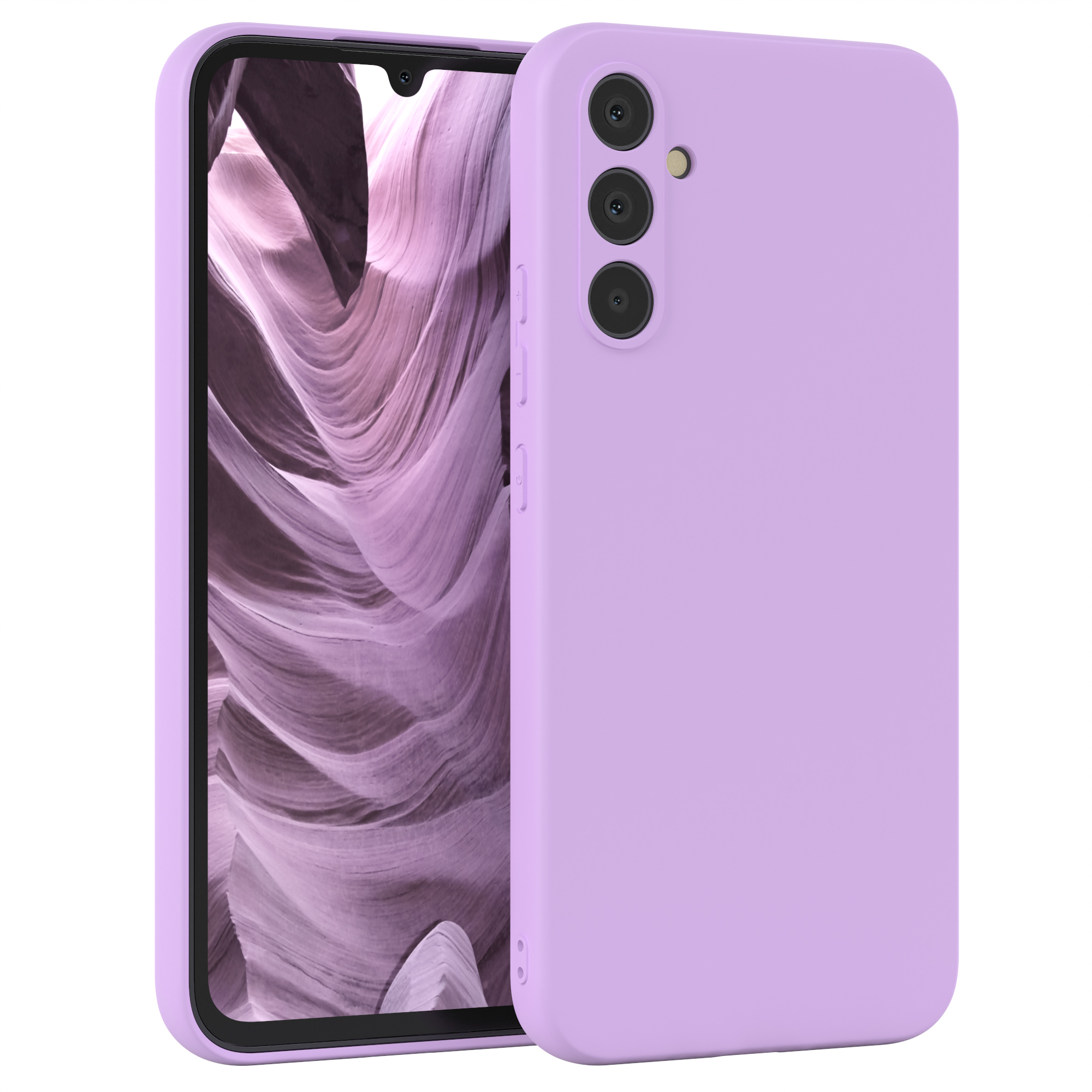 Lila Smartphone mit Hülle, zeigt Landschaft auf dem Bildschirm.