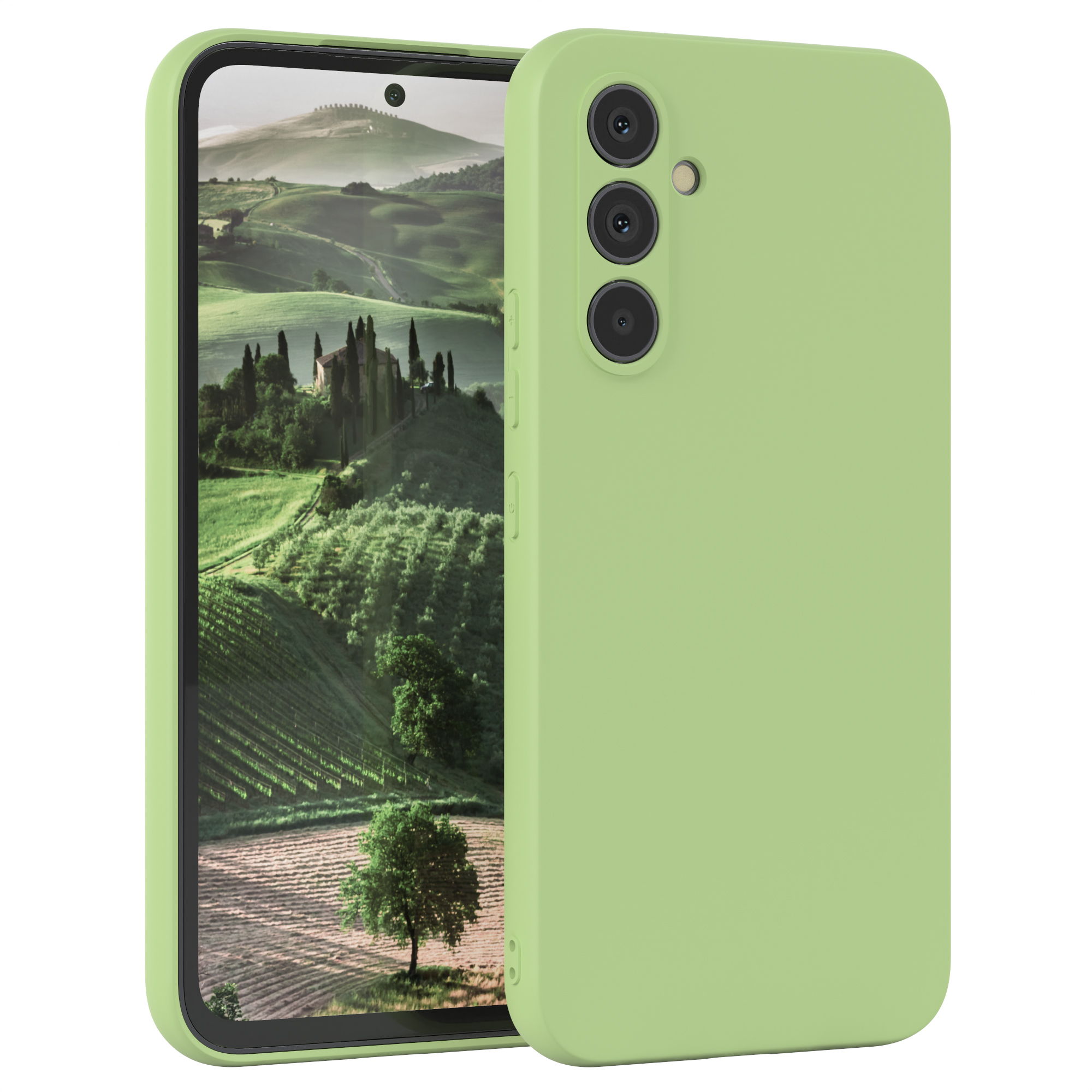 Grüne Handyhülle neben einem Telefon, das eine Landschaft zeigt. Die Hülle hat einen Kameraausschnitt.