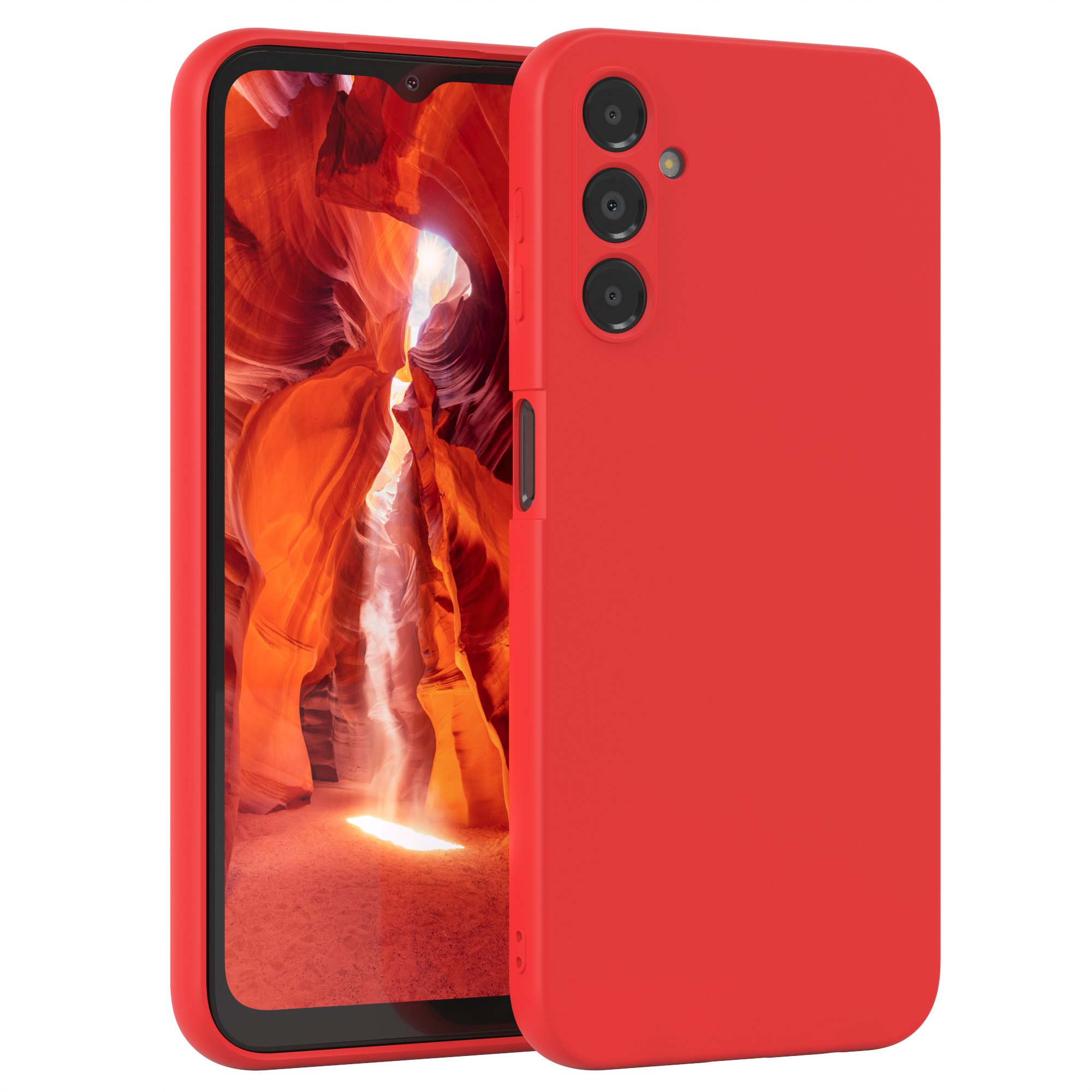 Rote Handyhülle mit Telefon, auf weißem Hintergrund.