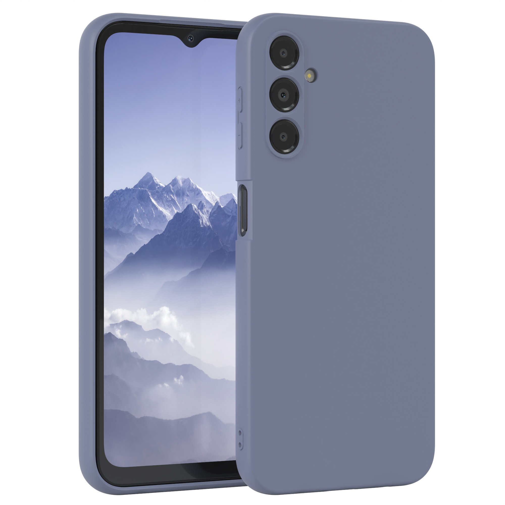 Blaues Telefon mit Hülle. Das Telefon ist links und eine blaue Hülle ist rechts.