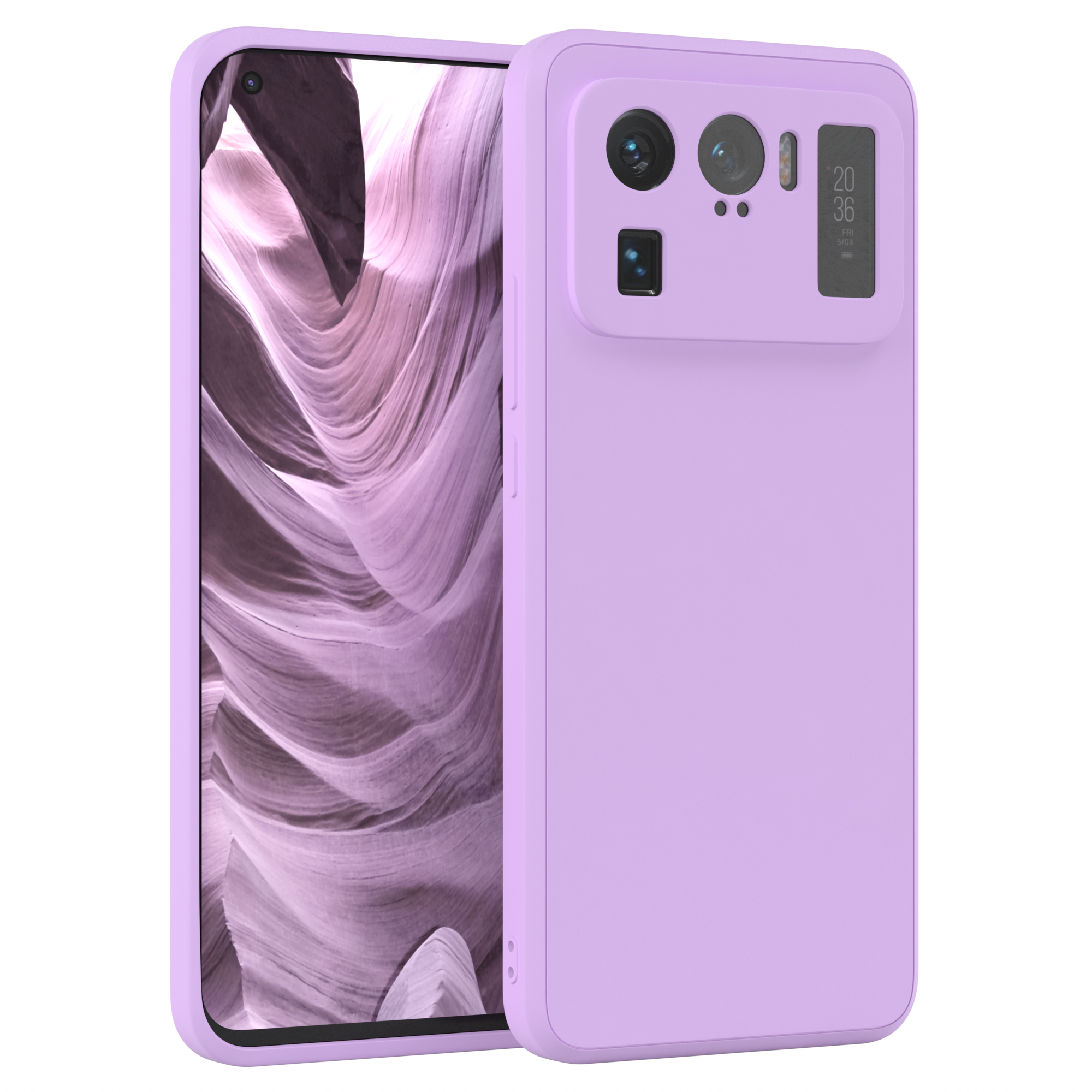 Eine lila Handyhülle neben einem Telefon mit einer Landschaft auf dem Bildschirm. Die Hülle hat einen Kameraausschnitt.