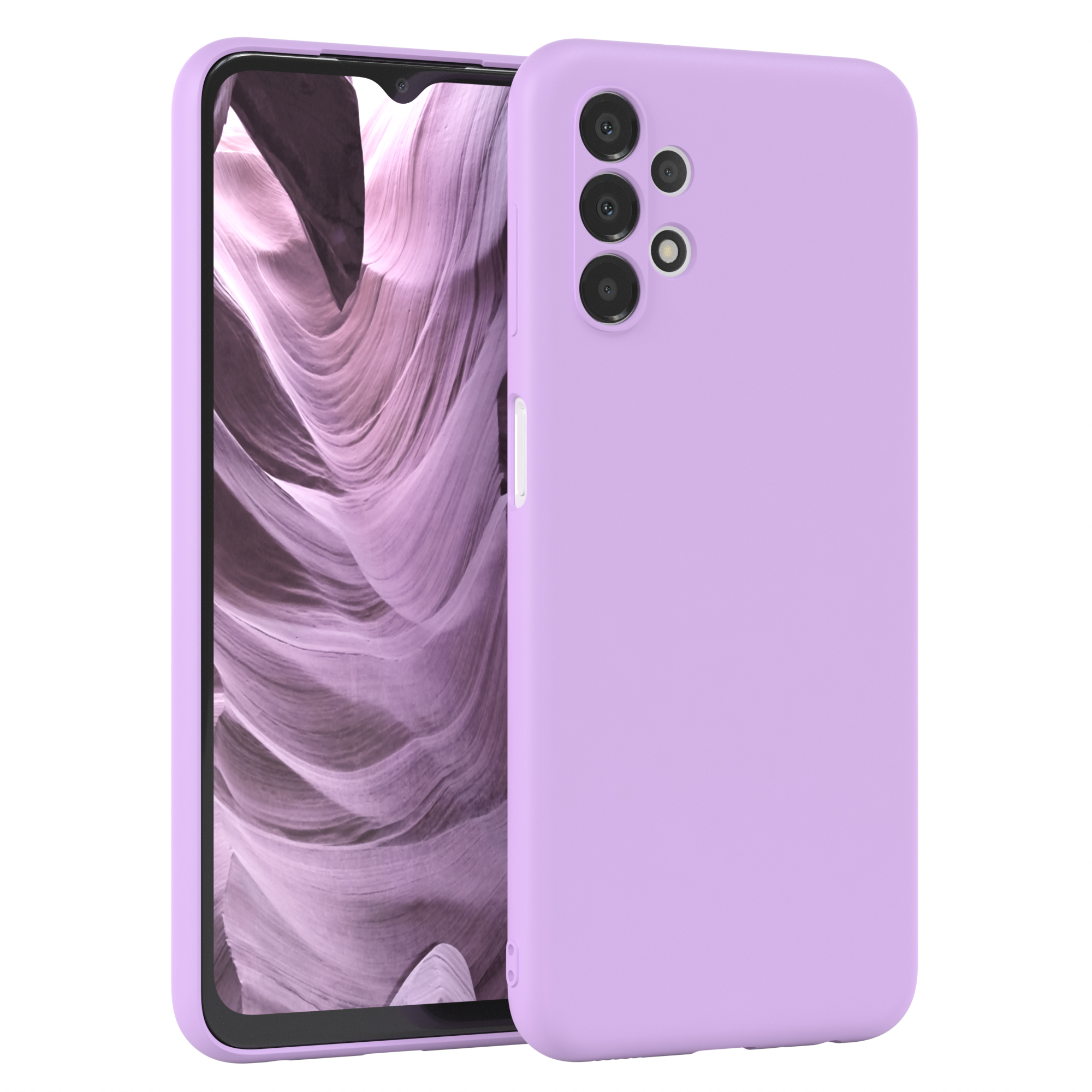 Eine hellviolette Handyhülle auf einem Telefon, der Hintergrund zeigt ein hellfarbiges abstraktes Bild.