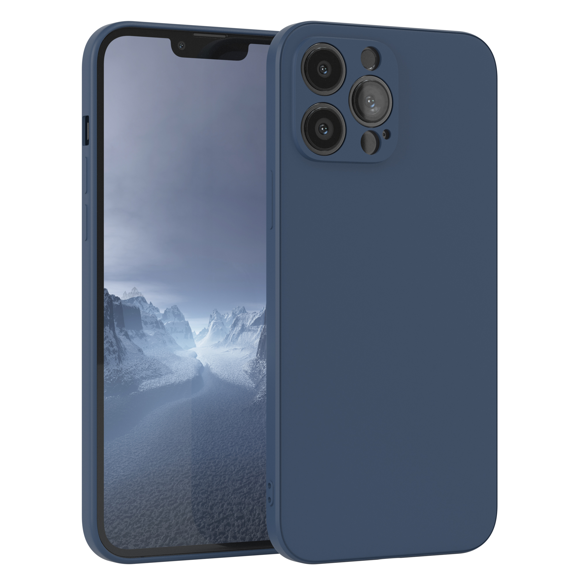 Dunkelblaues Telefon mit Hülle. Es zeigt eine Berglandschaft.