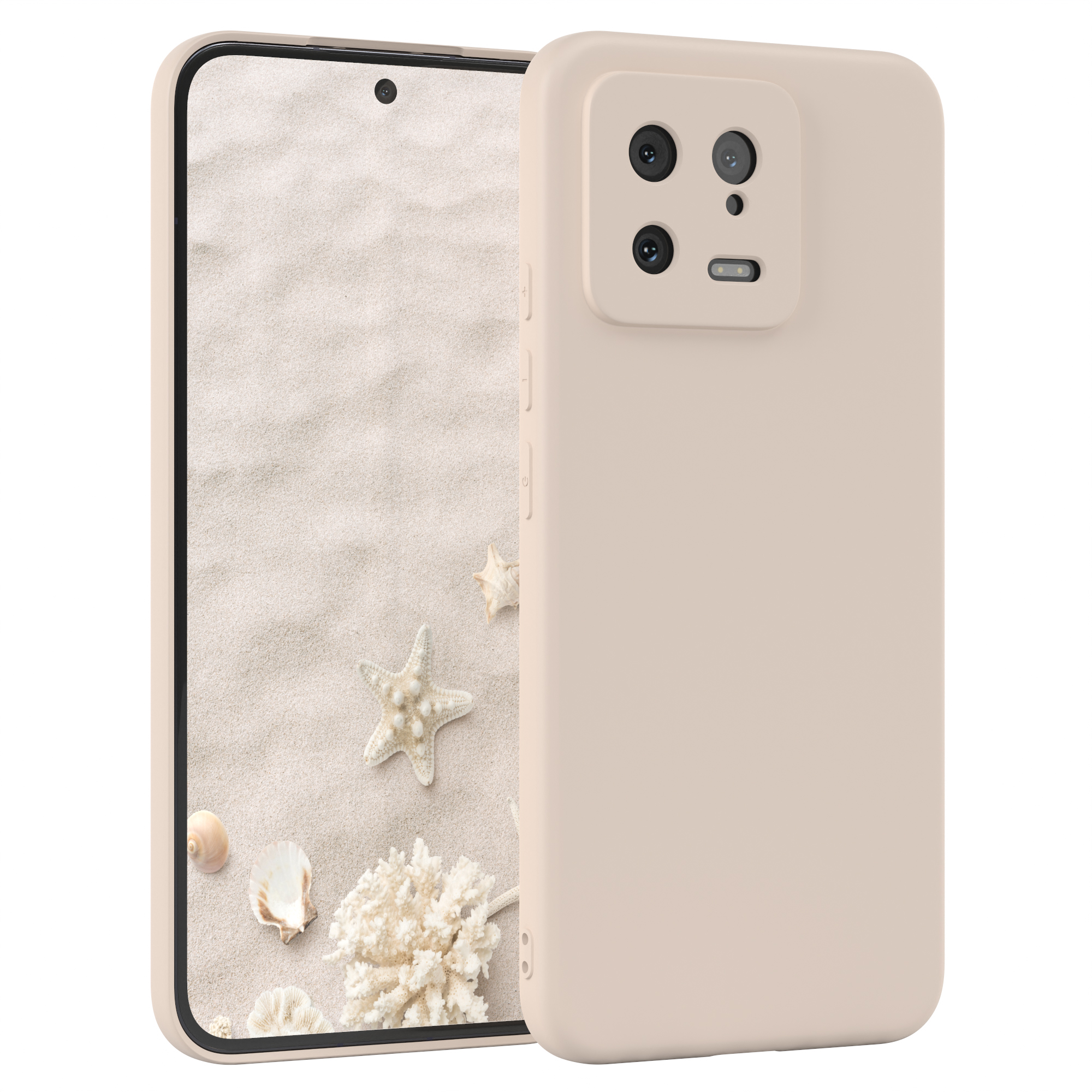 Beiges Telefon mit Hülle. Zwei Kameras. Sandhintergrund mit Muscheln und Seesternen.