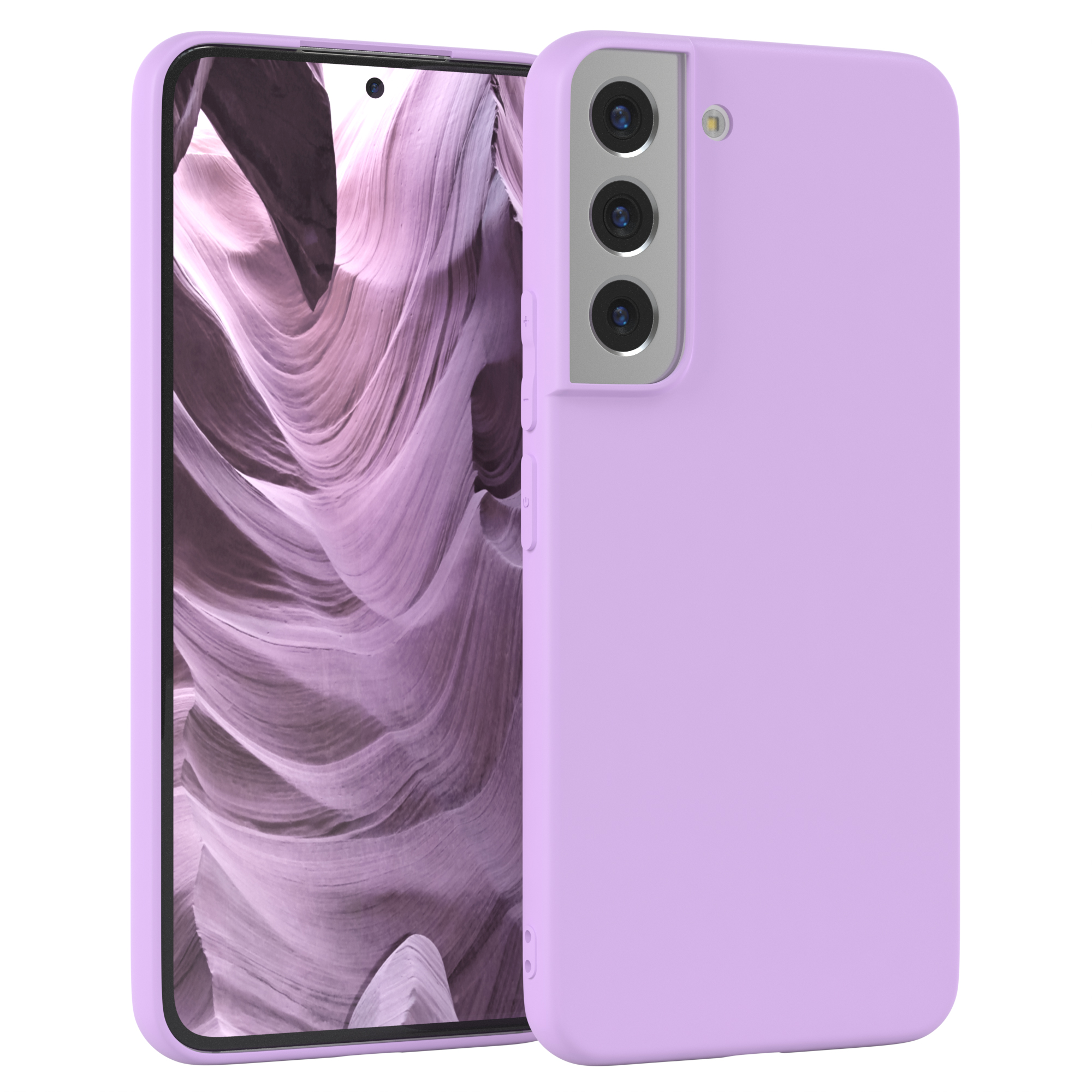 Eine lavendelfarbene Handyhülle mit einem Telefon darin, das mehrere Rückkameras hat. Die Hülle befindet sich auf weißem Hintergrund.