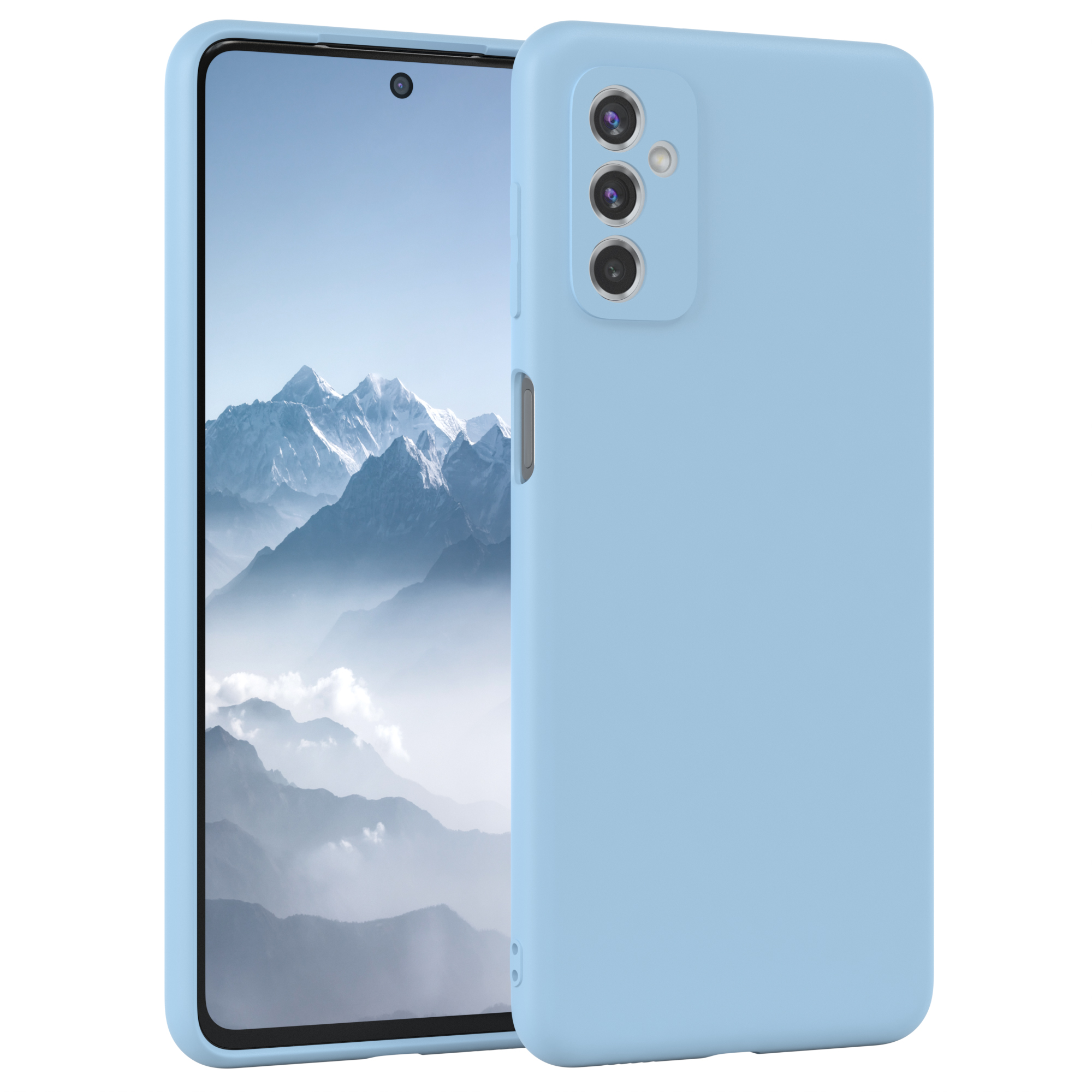 Hellblaue Handyhülle mit Telefon, zeigt die Kameraanordnung auf weißem Hintergrund.