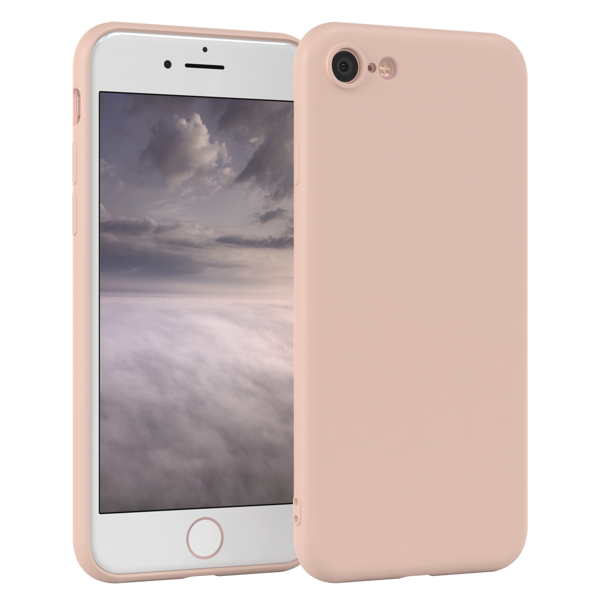Ein Telefon in einer rosa Hülle, auf einer weißen Oberfläche dargestellt, mit sichtbarem Bildschirm.