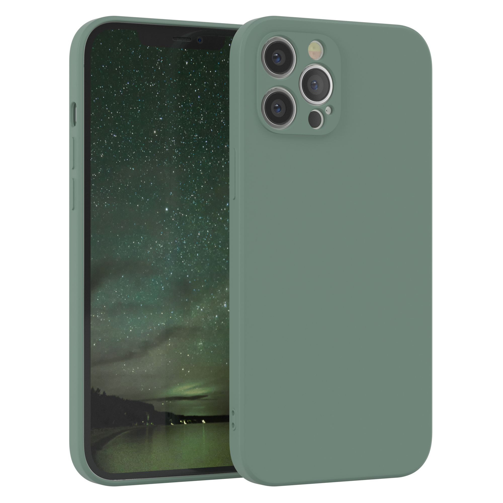 Dunkelgrüne Handyhülle mit Telefon, das eine sternenklare Nacht über einem See zeigt.