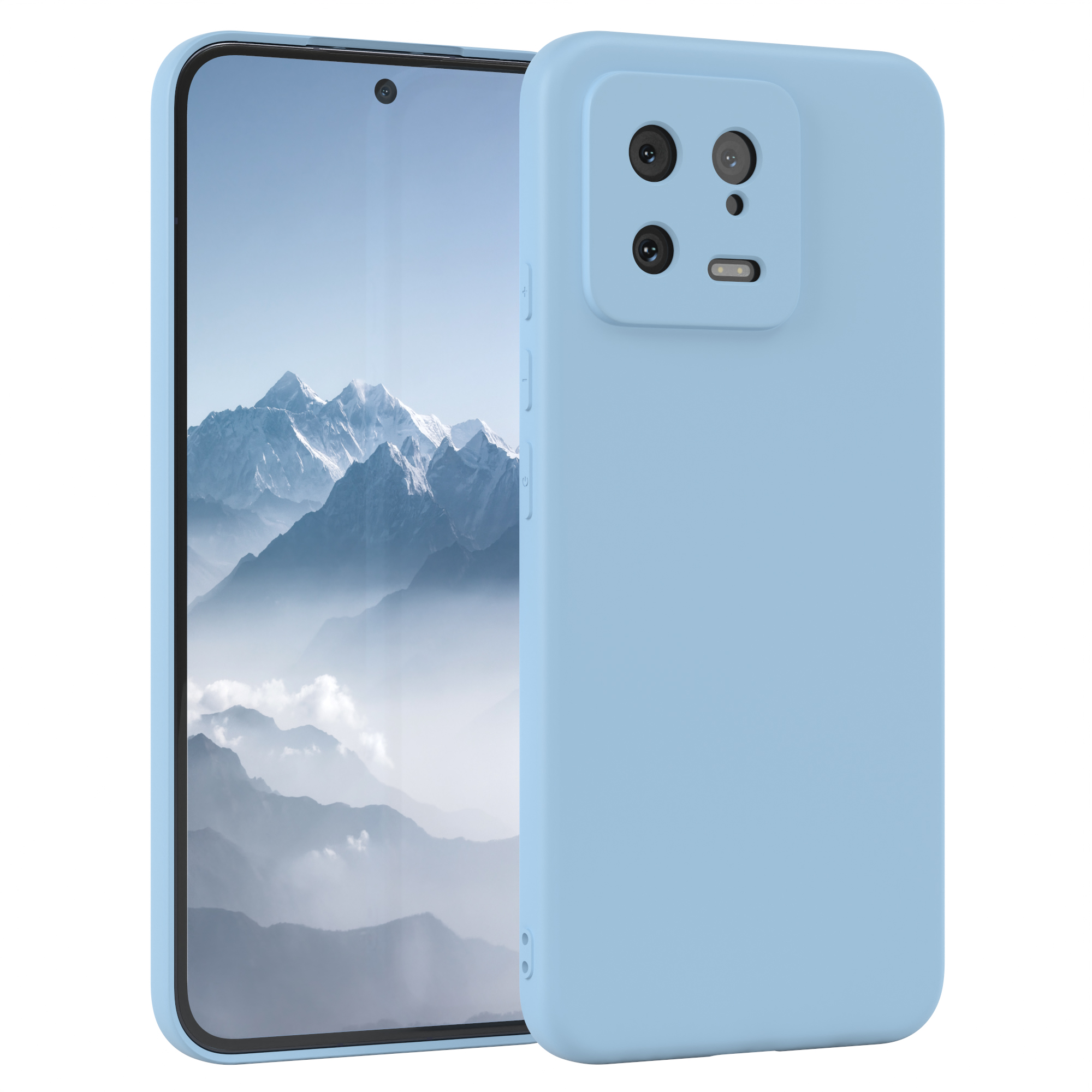 Hellblaues Telefon mit Hülle, zeigt Landschaftsbild. Die Hülle bedeckt Rückseite und Seiten.