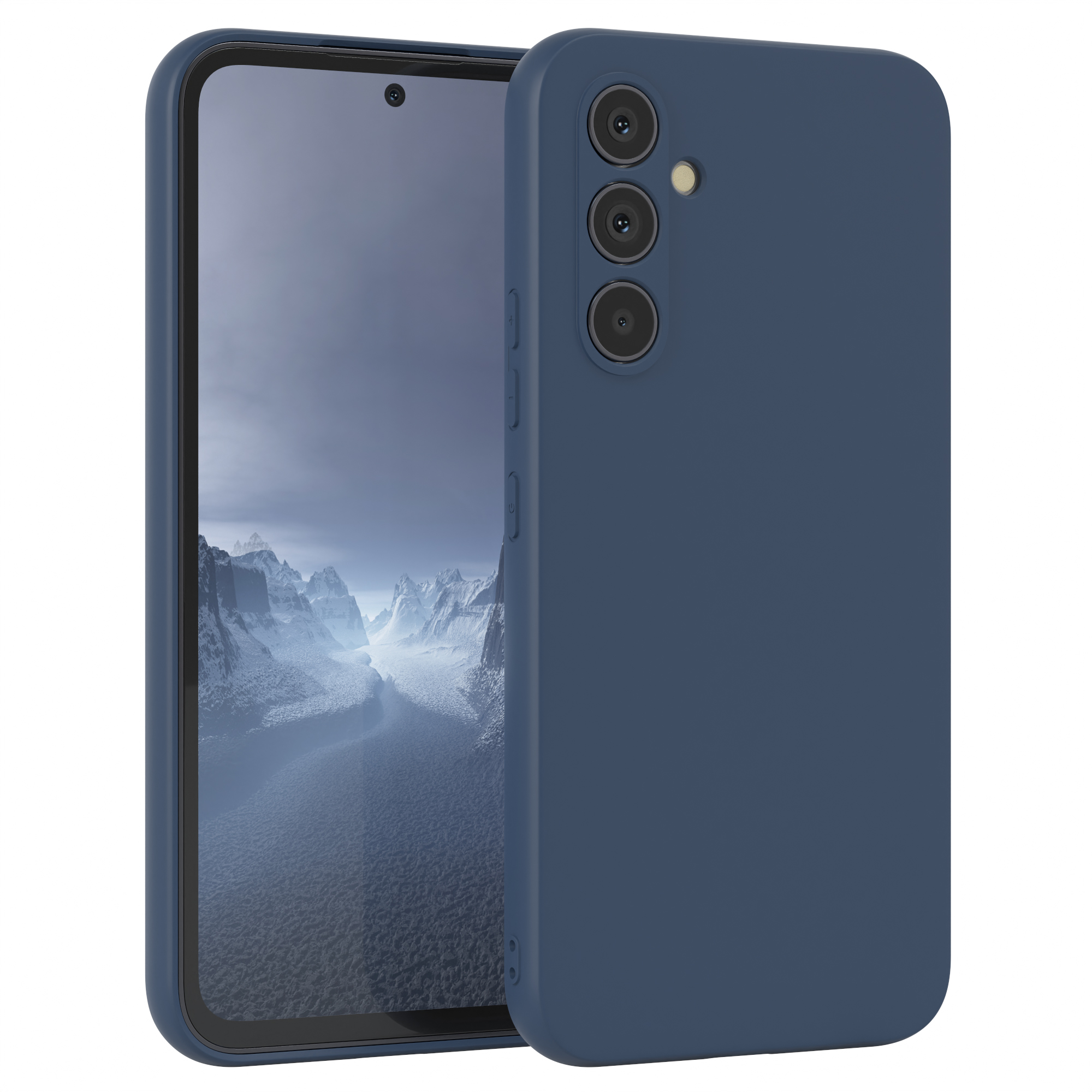 Blaue Handyhülle mit Telefon. Drei Kameralinsen sichtbar. Bildschirm zeigt Landschaft.