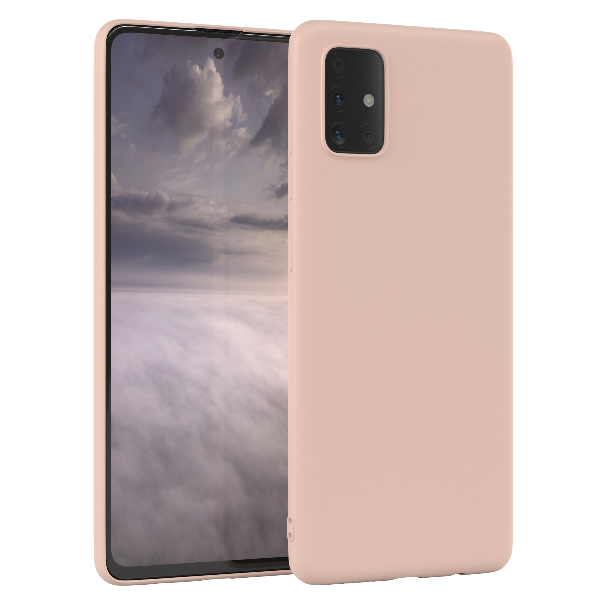 Rosa Handyhülle mit Smartphone darin. Das Handy zeigt eine wolkige Himmelszene.