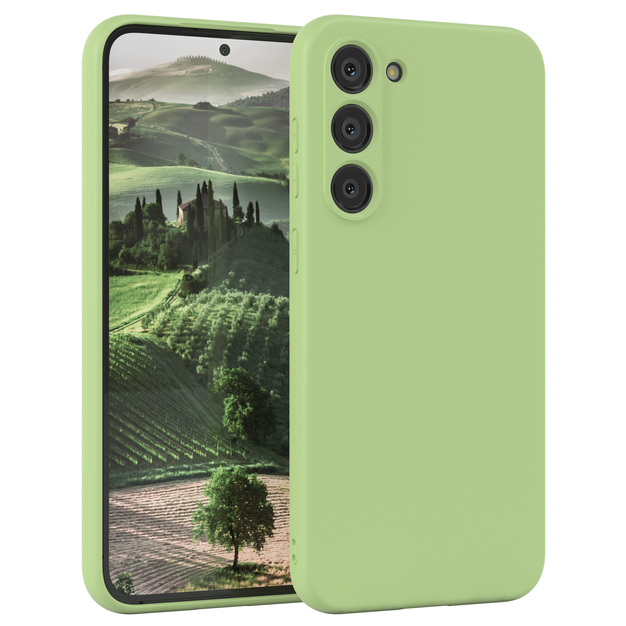 Hellgrüne Handyhülle mit einem Handy, das eine Landschaftsszene zeigt.