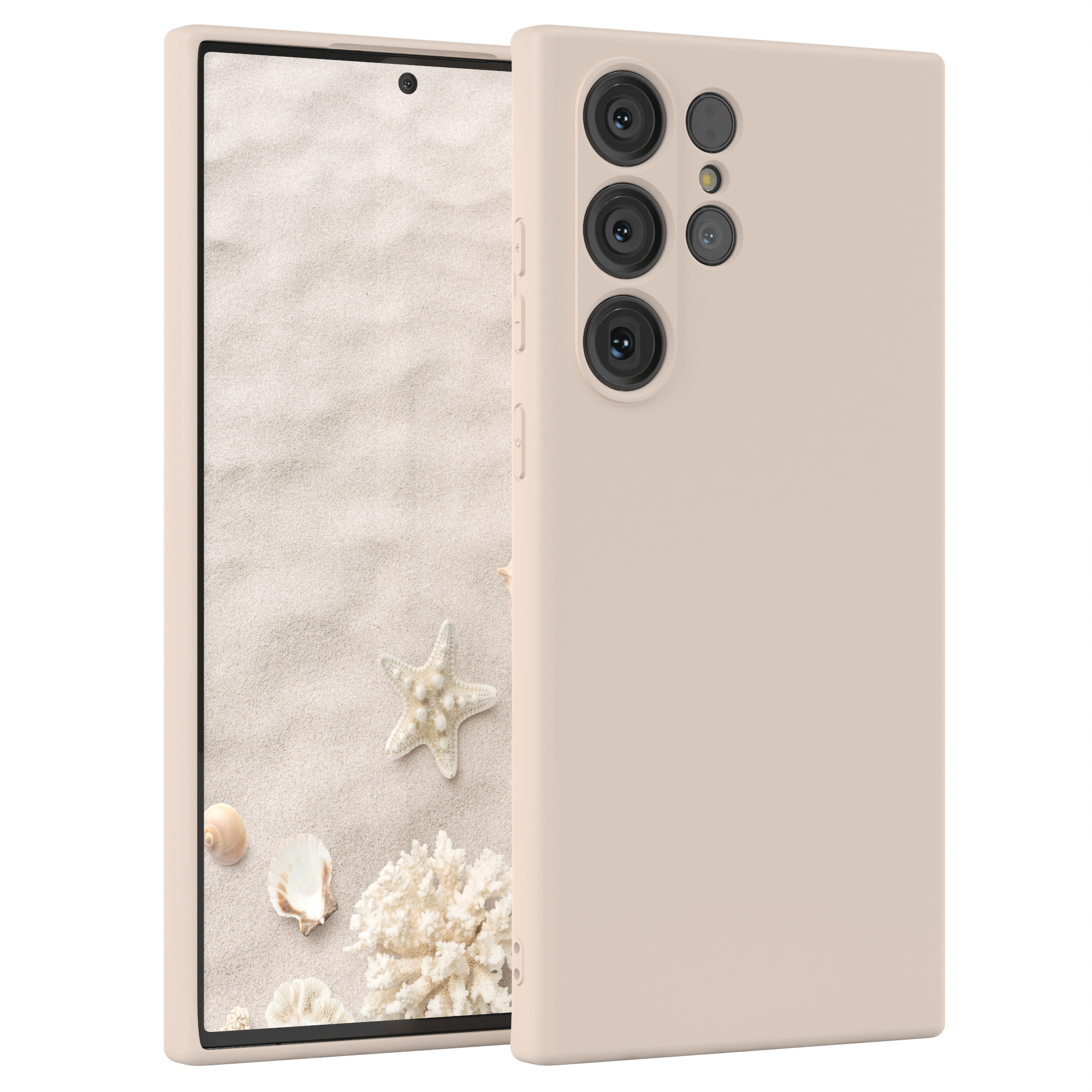 Ein Telefon mit beigem Gehäuse. Das Telefon befindet sich vor einem sandfarbenen Hintergrund. Das Telefon hat Kameras.
