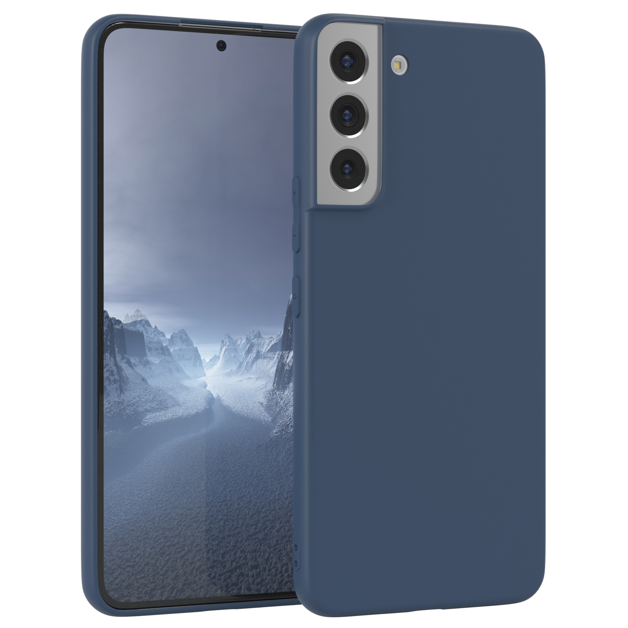 Eine marineblaue Handyhülle bedeckt ein Smartphone; der Hintergrund zeigt einen verschwommenen Himmel.