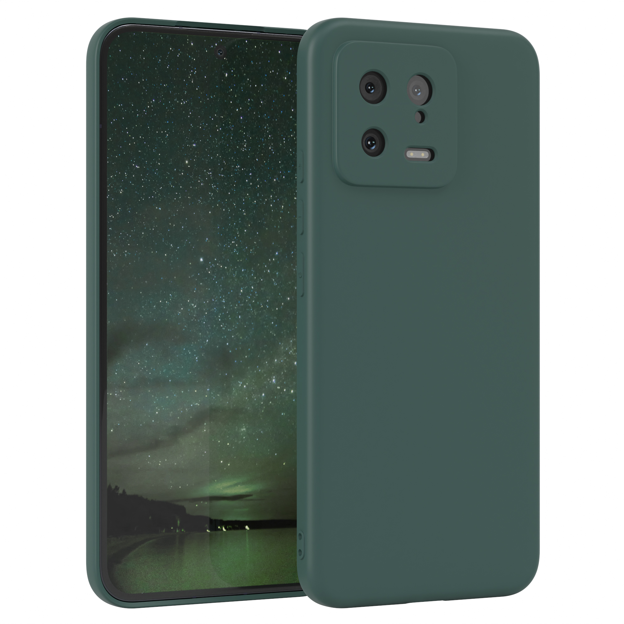 Dunkelgrünes Telefon mit Hülle. Eine Sternennachtszene wird angezeigt.