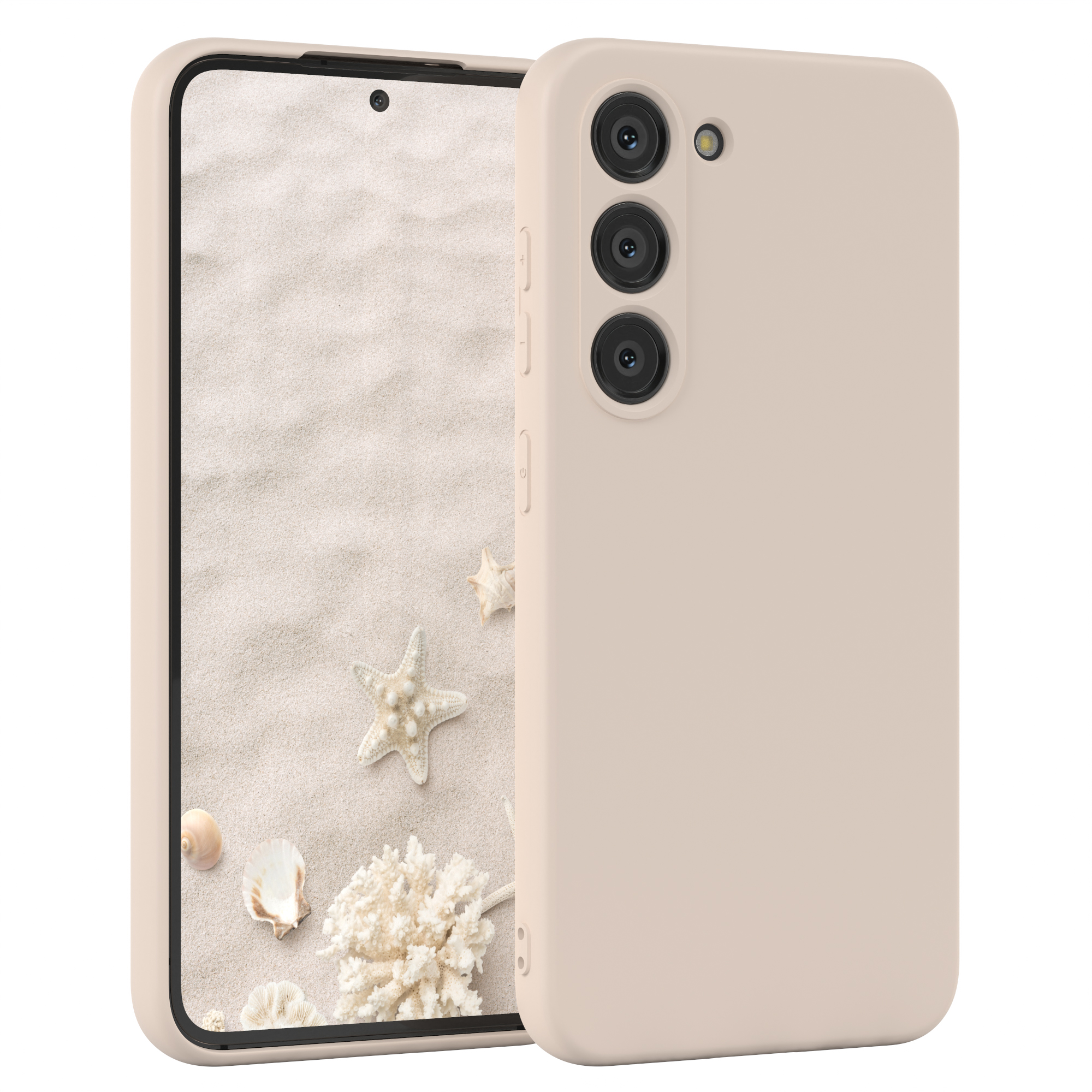Eine beige Handyhülle auf einem Telefon, der Hintergrund zeigt Sand, Muscheln und Korallen.