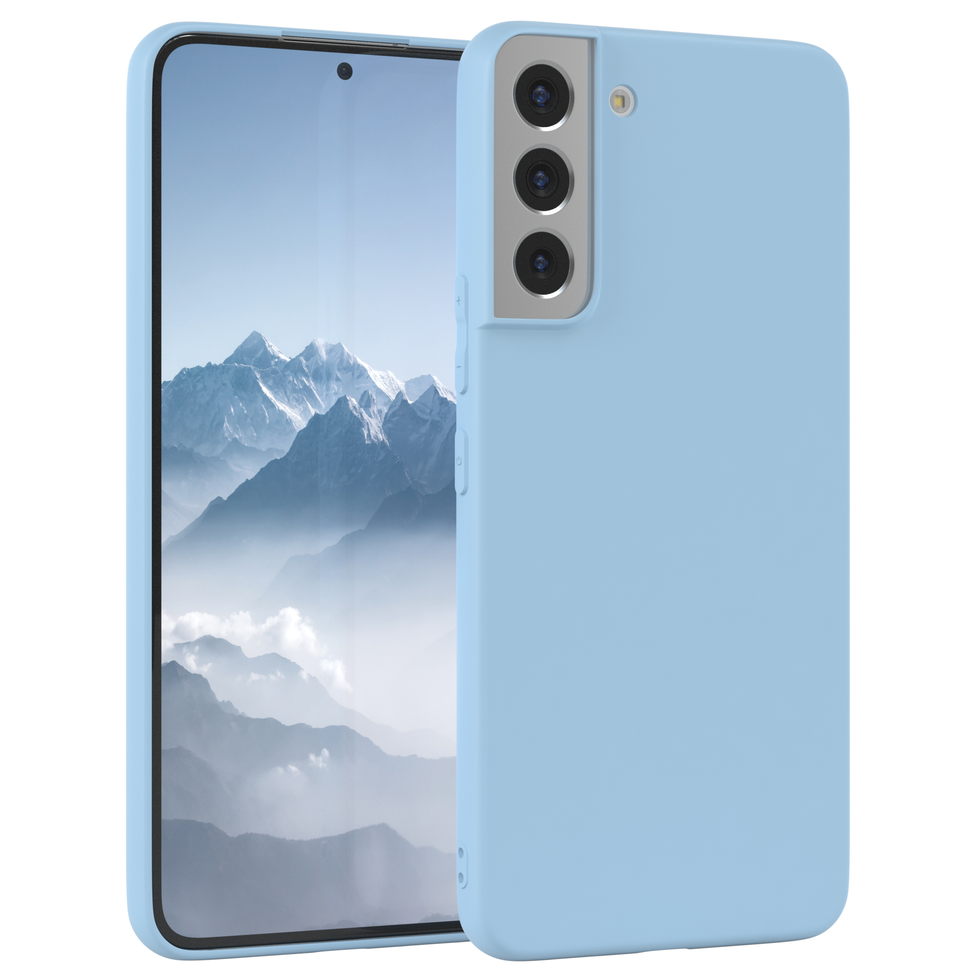 Ein hellblaues Telefon mit Hülle. Das Telefon hat einen Bildschirm, die Hülle bedeckt die Rückseite.