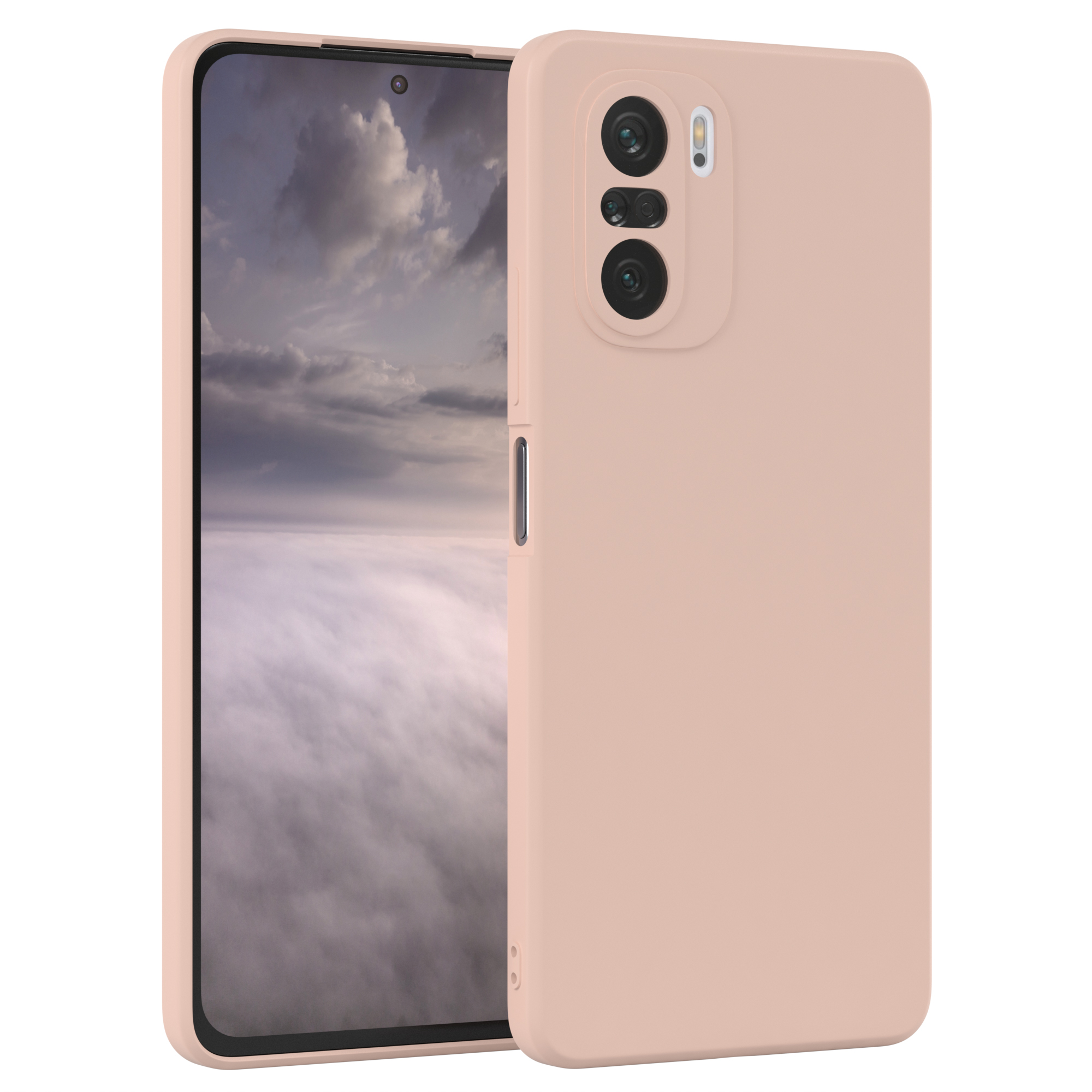 Rosa Handyhülle auf einem Telefon. Das Telefon steht vertikal. Der Hintergrund ist unscharf.