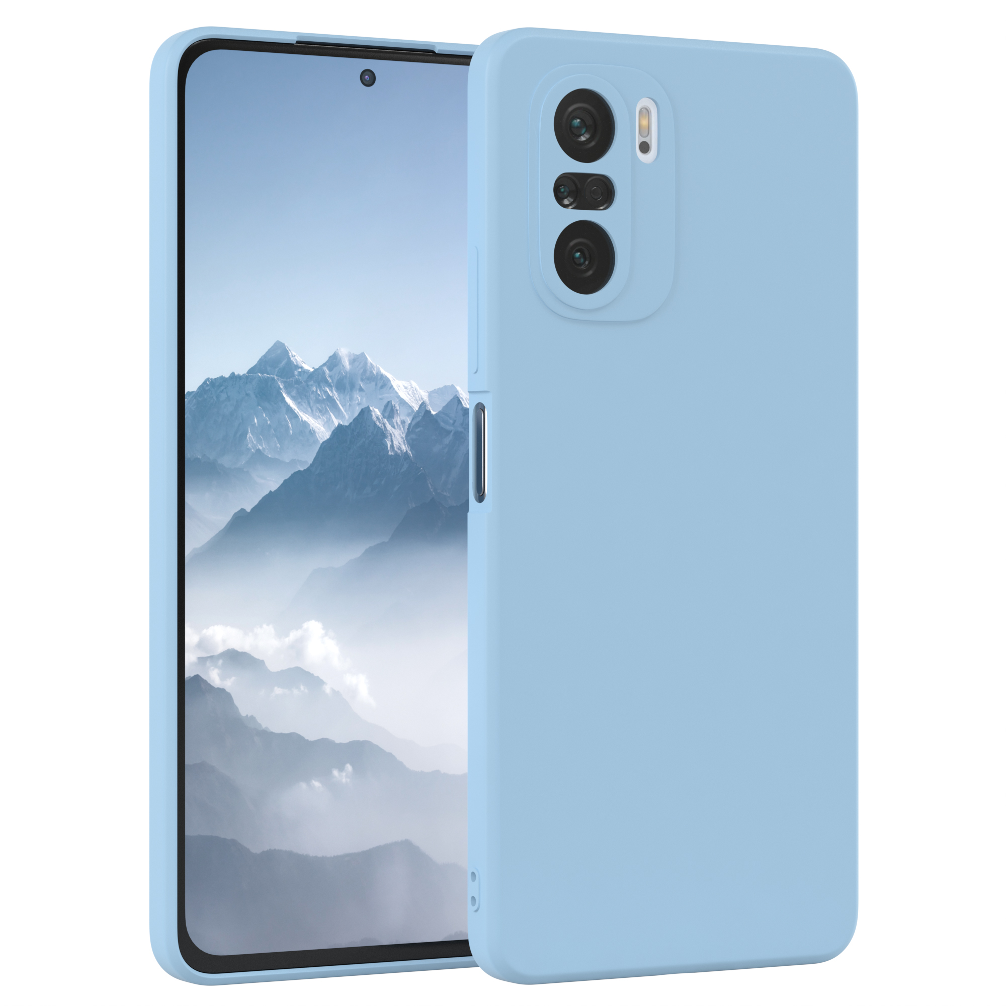 Eine hellblaue Handyhülle auf einer weißen Oberfläche, mit einem Telefon auf der linken Seite.