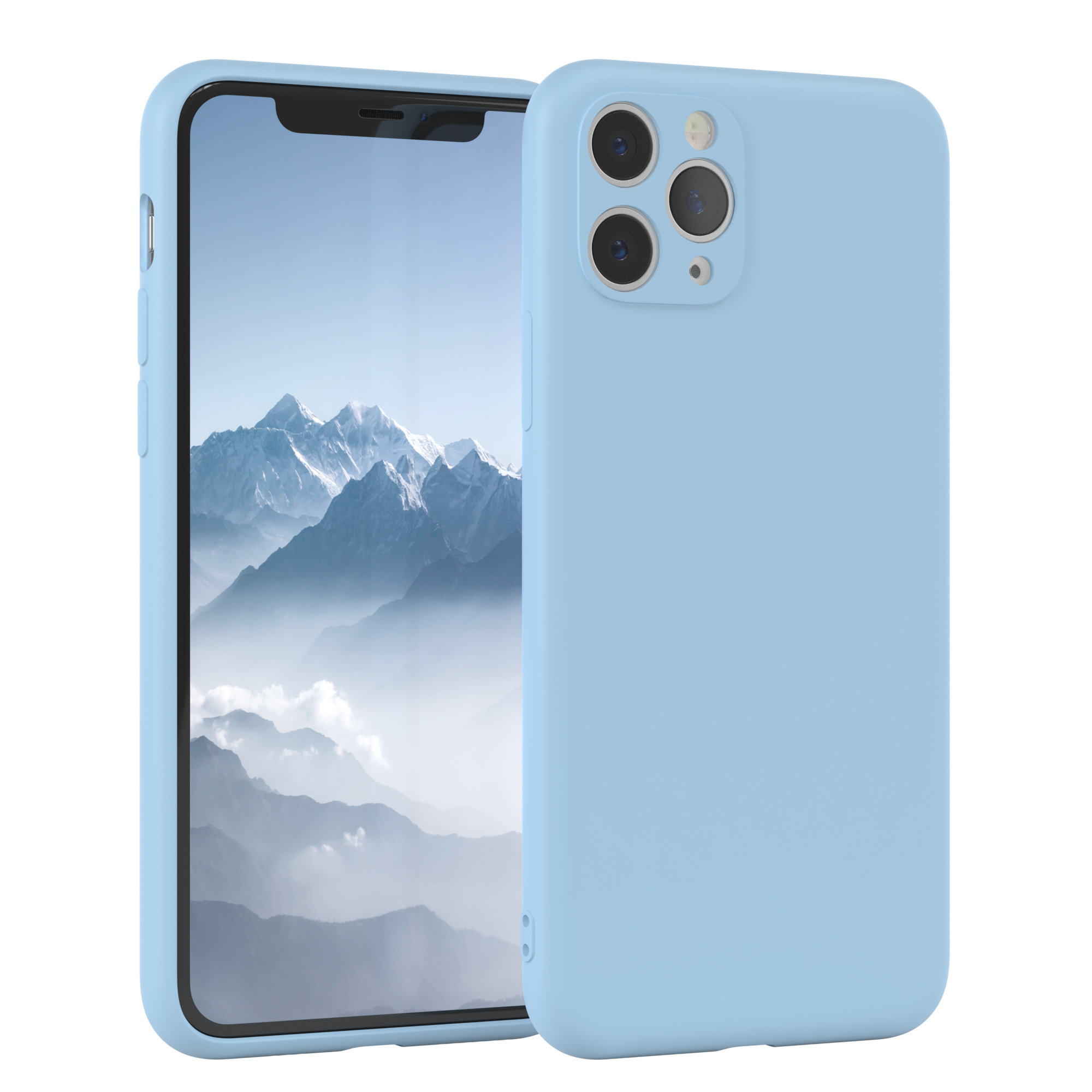 Ein hellblaues Telefon und eine Handyhülle. Das Telefon hat drei Kameras. Der Hintergrund ist unscharf.