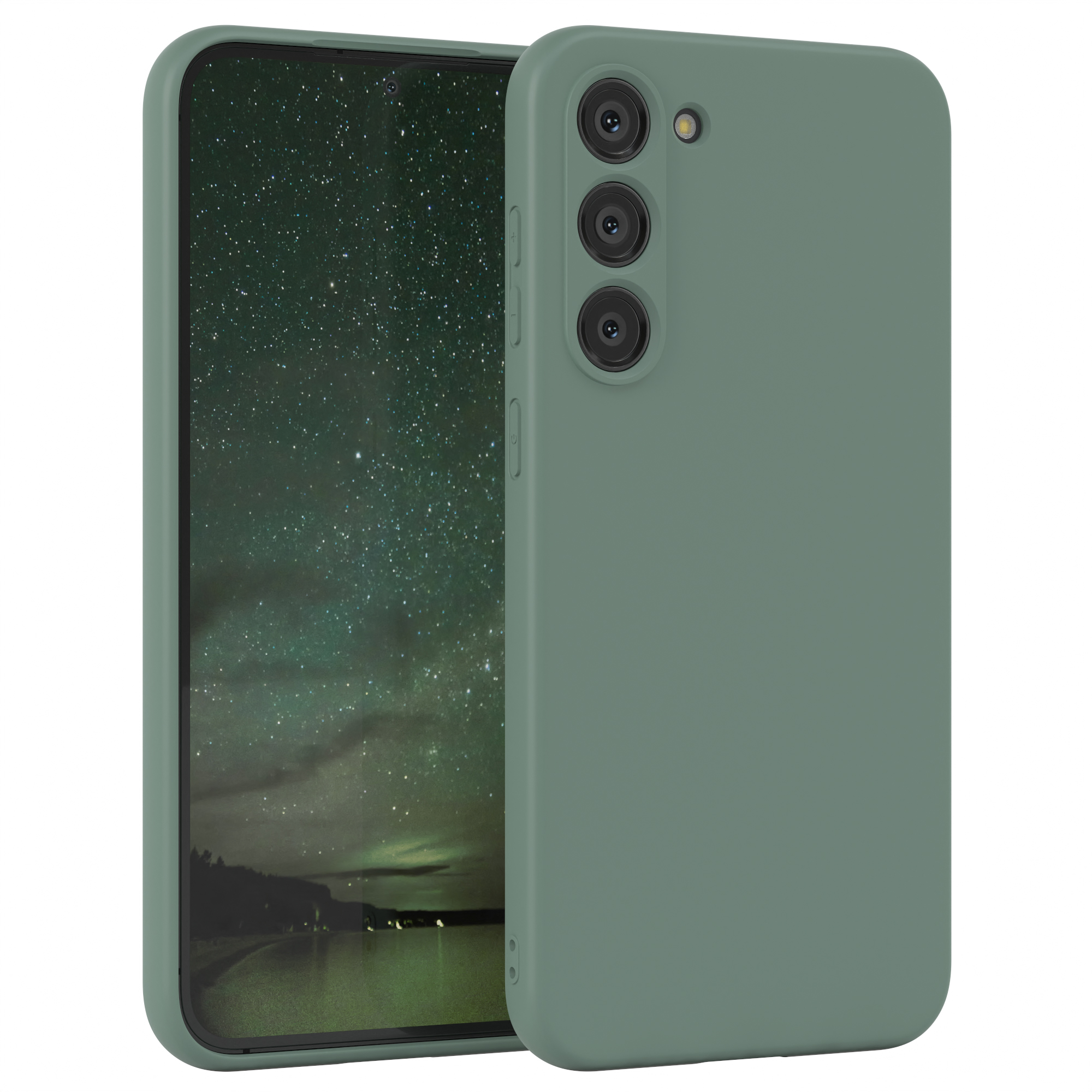 Eine grüne Handyhülle mit einem Telefon darin. Die Rückseite des Telefons hat mehrere Kameras.