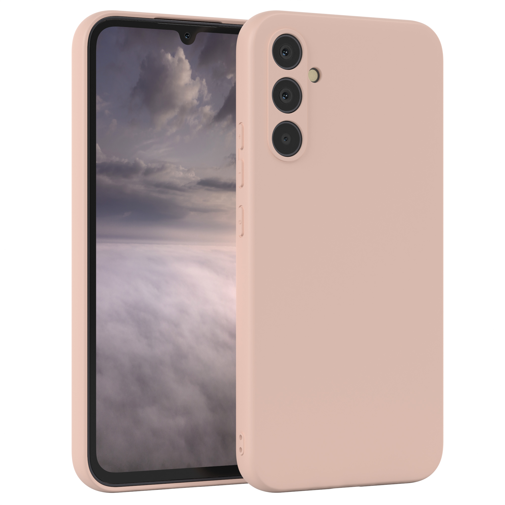Rosa Smartphone mit drei Kameras. Anlehnen an ein anderes Telefon. Weißer Hintergrund.