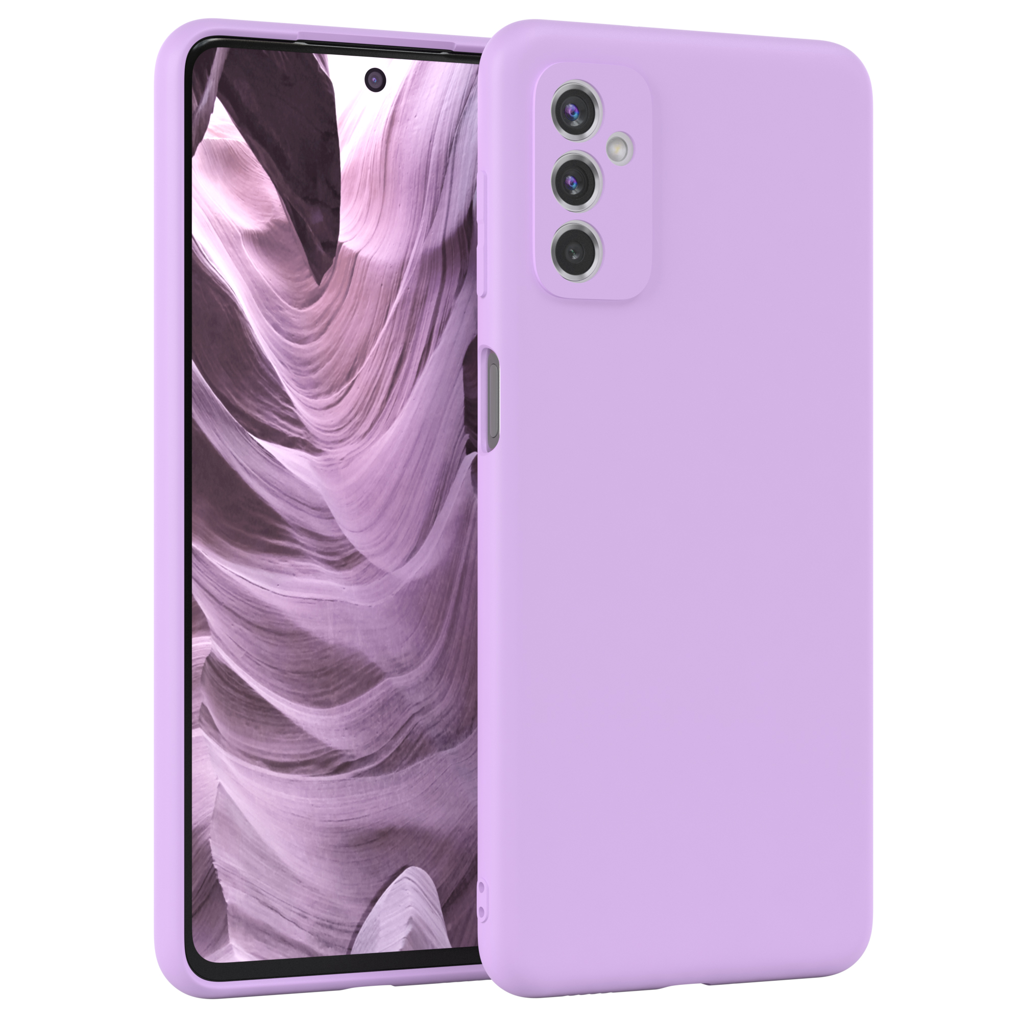 Ein Telefon mit lila Hülle. Das Telefon befindet sich vor einem lilafarbenen Hintergrund. Das Telefon hat Kameras.
