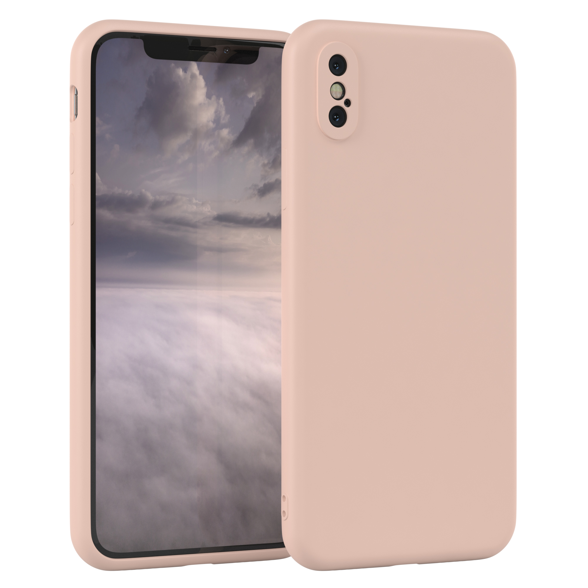 Rosa Telefon in Hülle. Zwei Kameras. Der Bildschirm zeigt verschwommenes Bild.