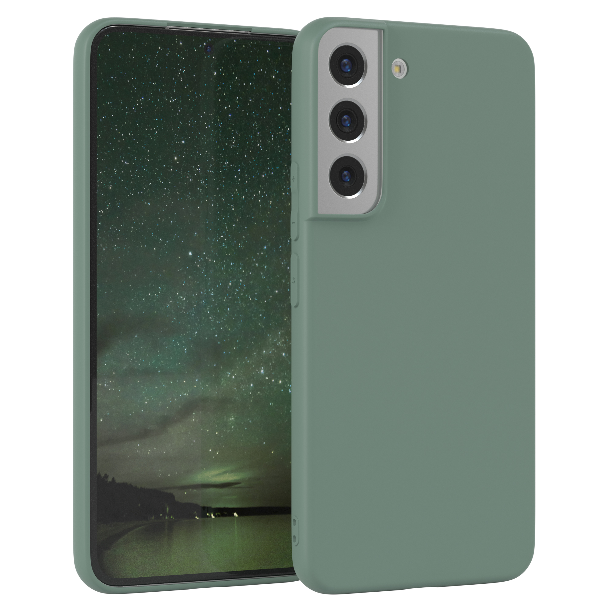 Grüne Handyhülle mit Mobiltelefon, Sternennacht Hintergrund.